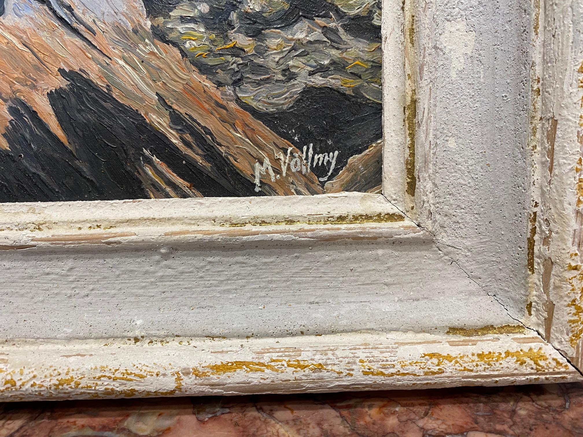 Vista de la montaña de M. Völlmy - Óleo sobre madera 40x50 cm en venta 4