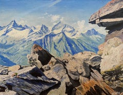Vue de la montagne par M. Völlmy - Huile sur bois 40x50 cm