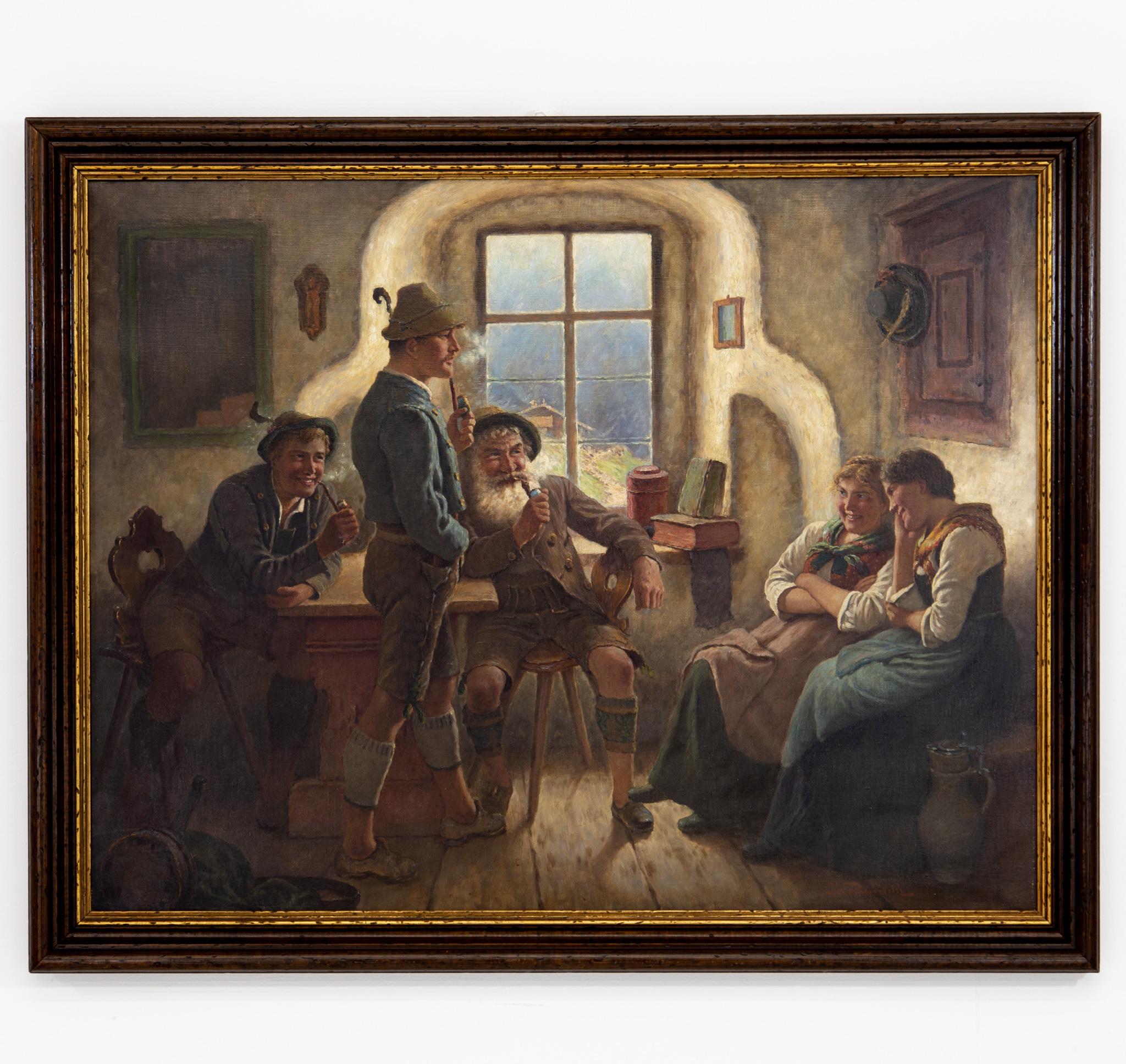 M. Wachsmuth 1890s Oil Painting German Bavarian Tavern Scene Lederhosen & Dirndl 1