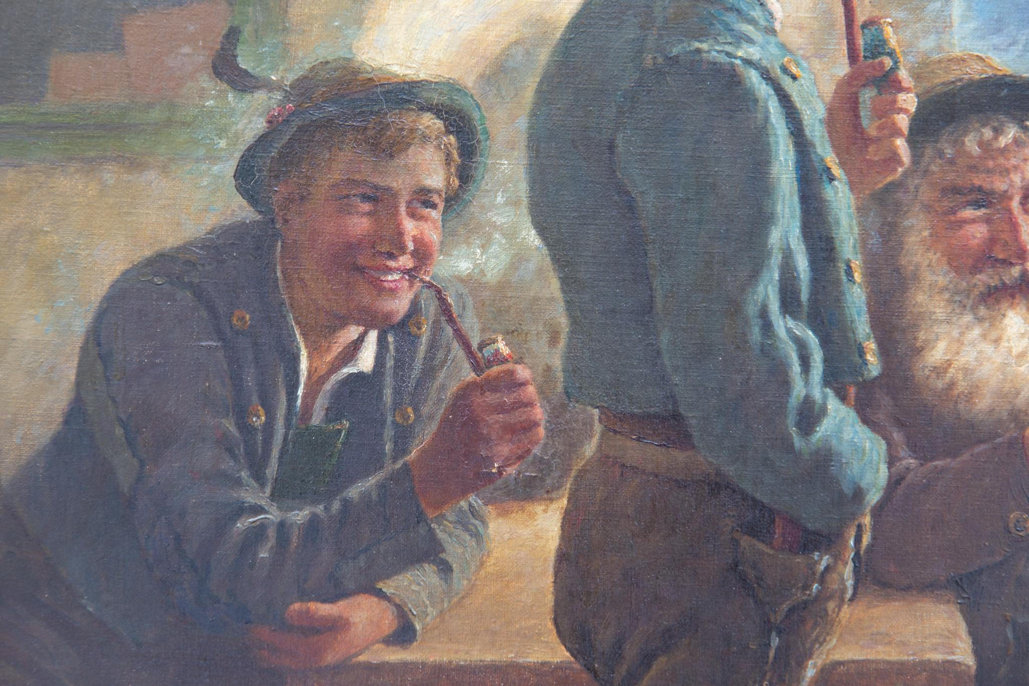 M. Wachsmuth 1890s Oil Painting German Bavarian Tavern Scene Lederhosen & Dirndl 5