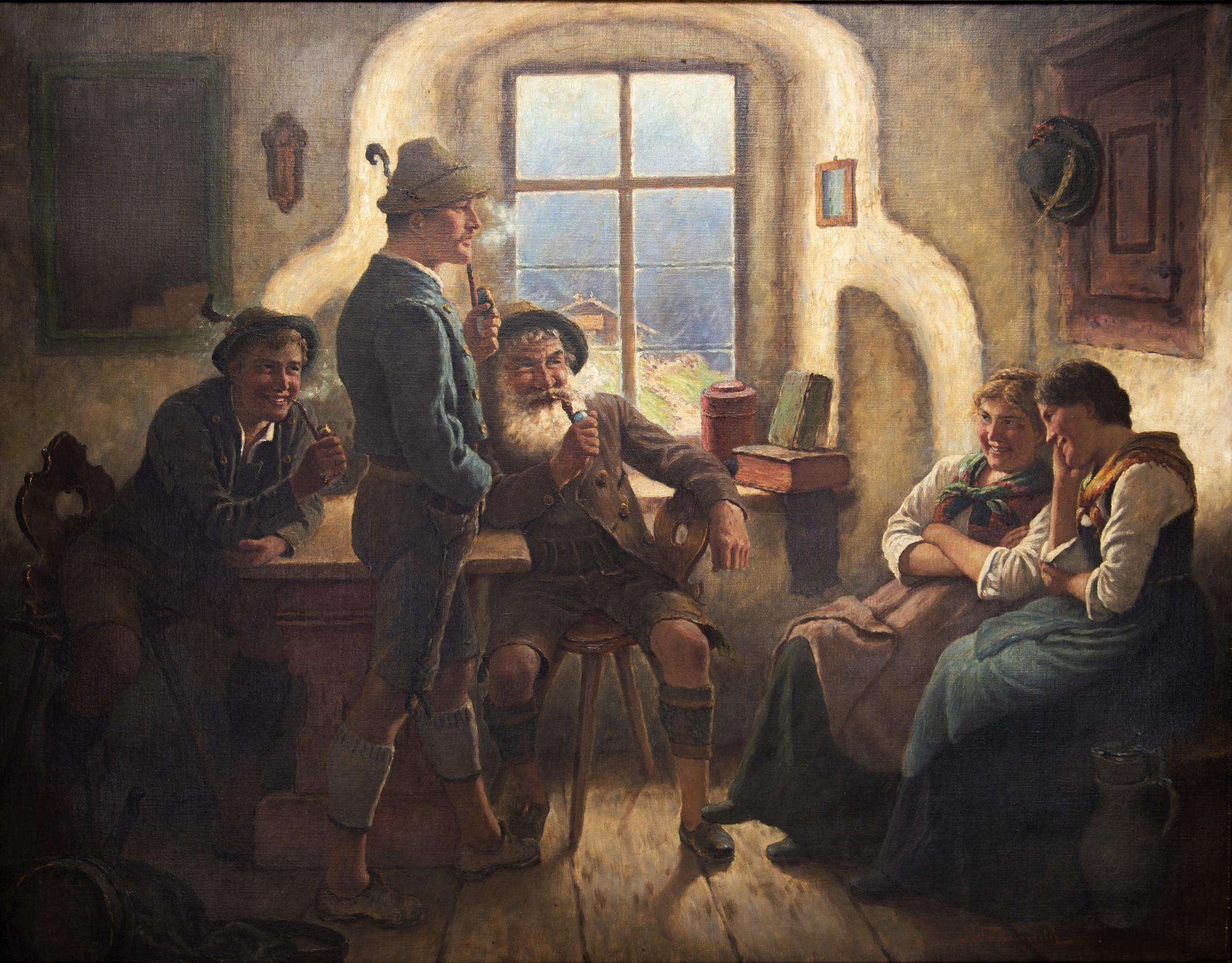 Large framed oil on canvas depicting a Bavarian tavern scene by German painter Maximilian Wachsmuth (1859-1912). This German tavern scene captures the period and flavor of Bavarian townsfolk in the late 1800s dressed in traditional Alpine tracht.
