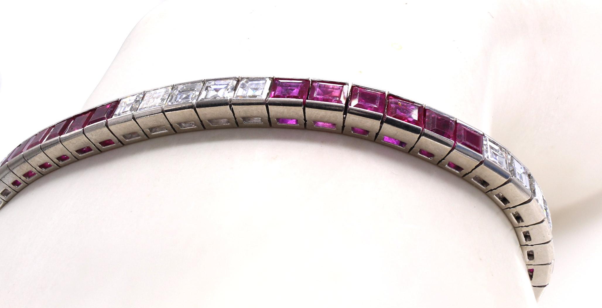 Square Cut M. Waslikow & Sons 1950s Diamond Ruby Tennis Bracelet For Sale