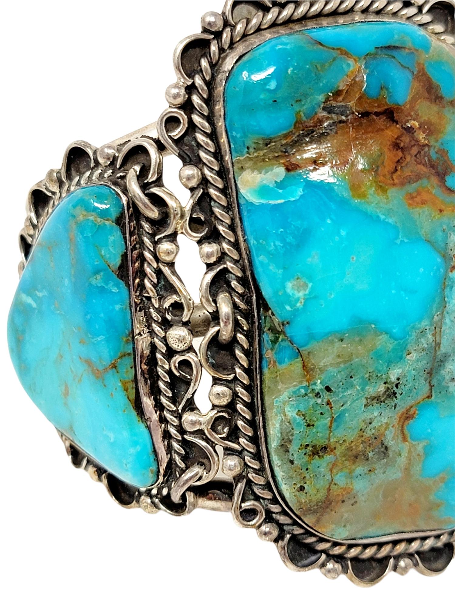 M. Weahkee Oversize Sterling Silver and Natural Turquoise Navajo Cuff Bracelet In Good Condition In Scottsdale, AZ