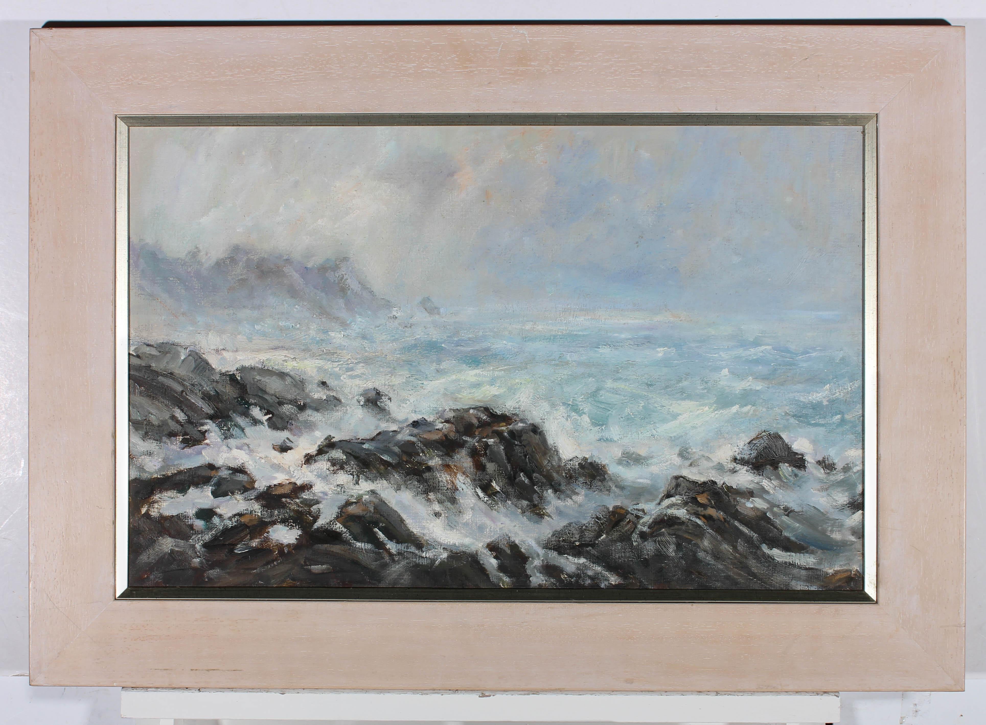 This delightful seascape depicts choppy waves crashing against a rocky coastline. The artist has used an impasto technique to capture the movement of the rough sea spray. Signed to the lower right-hand corner. The painting is well presented in a