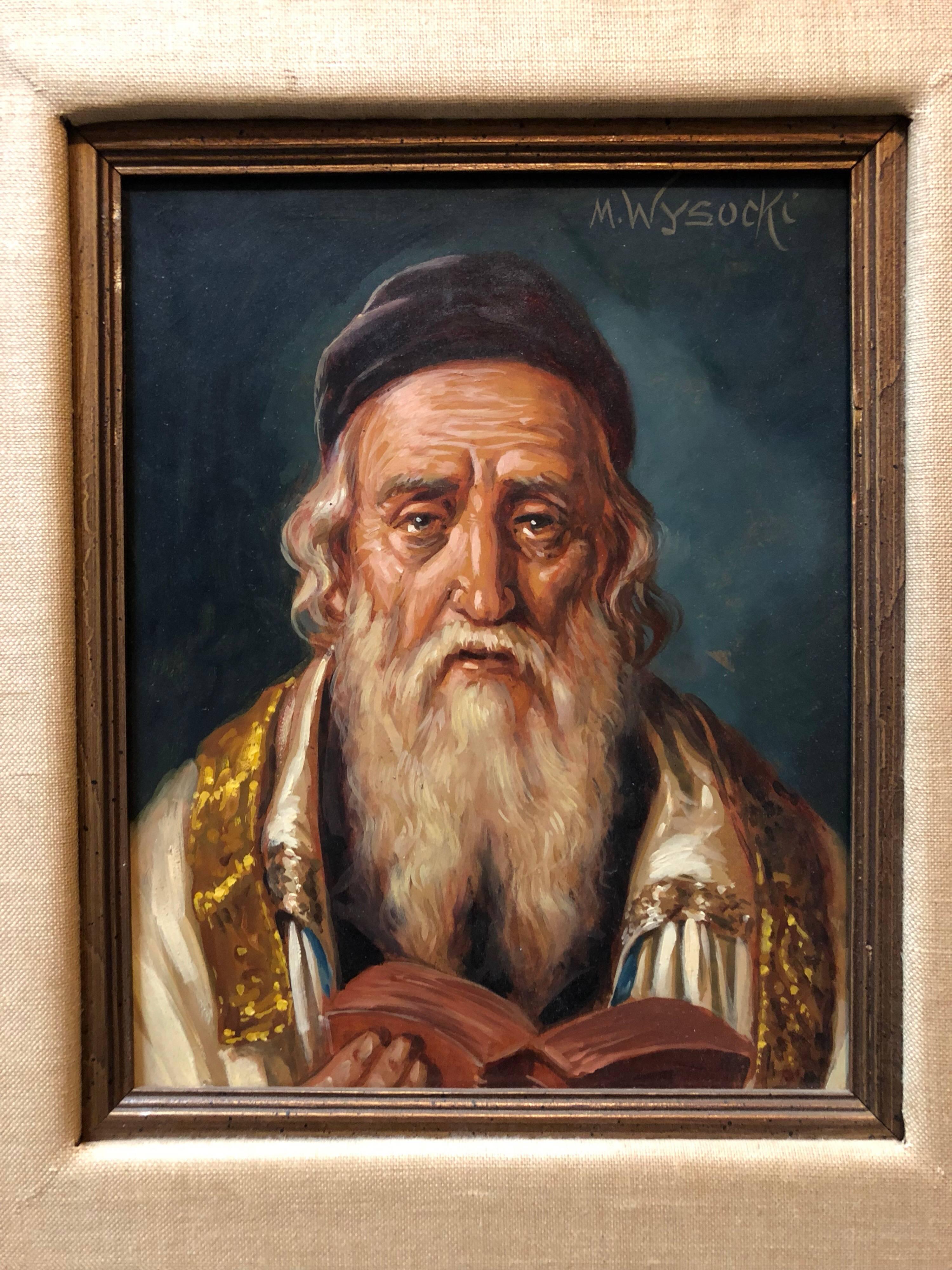 Realistic portrait of an older rabbi by Polish Austrian artist M. Wysocki. Here the artist conveys a sense of quiet grandeur through the eyes of his subject and the way it's rendered. Part of a distinguished European lineage of Jewish genre artists