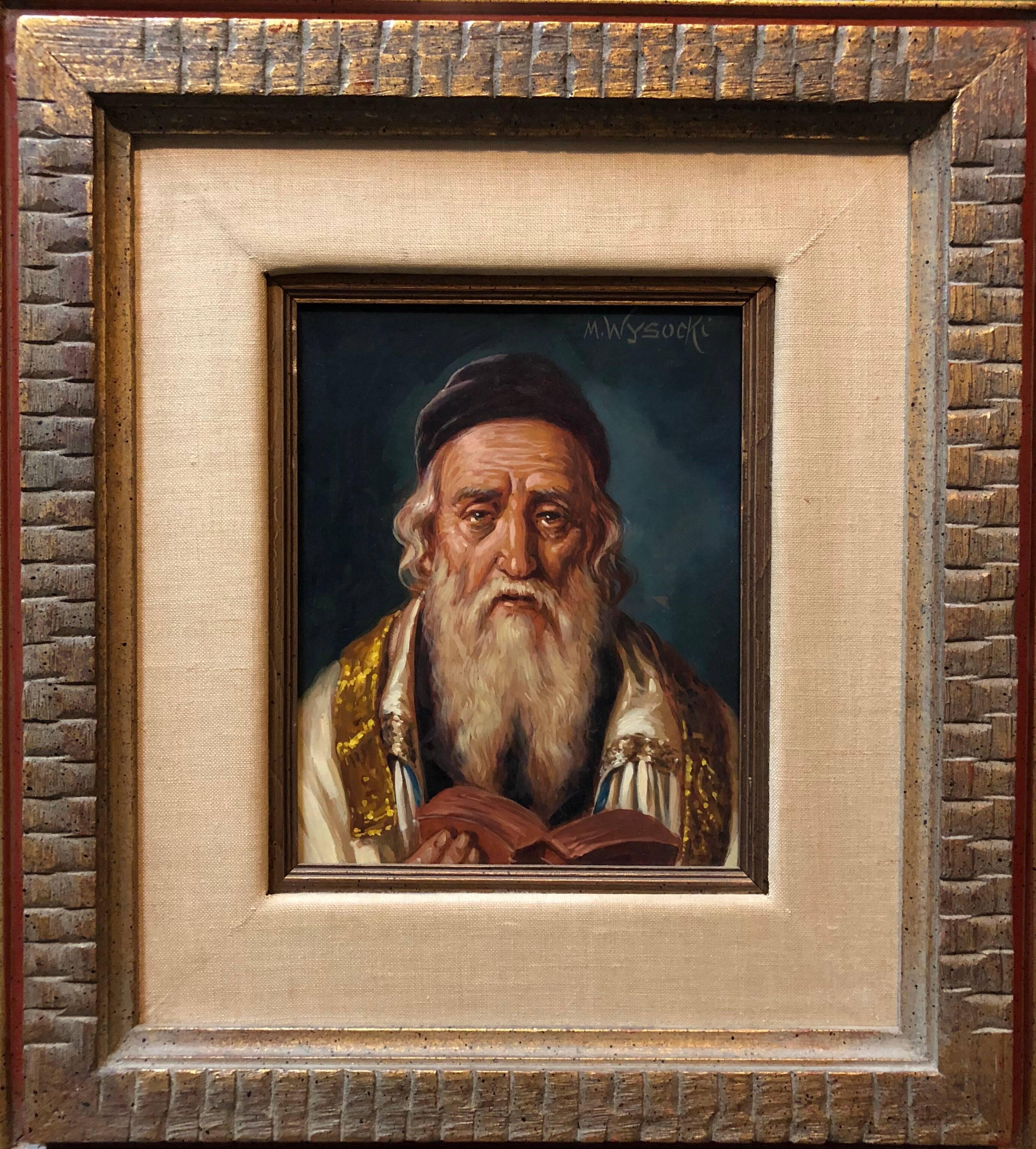 Realistic portrait of an older rabbi by Polish Austrian artist M. Wysocki. Here the artist conveys a sense of quiet grandeur through the eyes of his subject and the way it's rendered. Part of a distinguished European lineage of Jewish genre artists