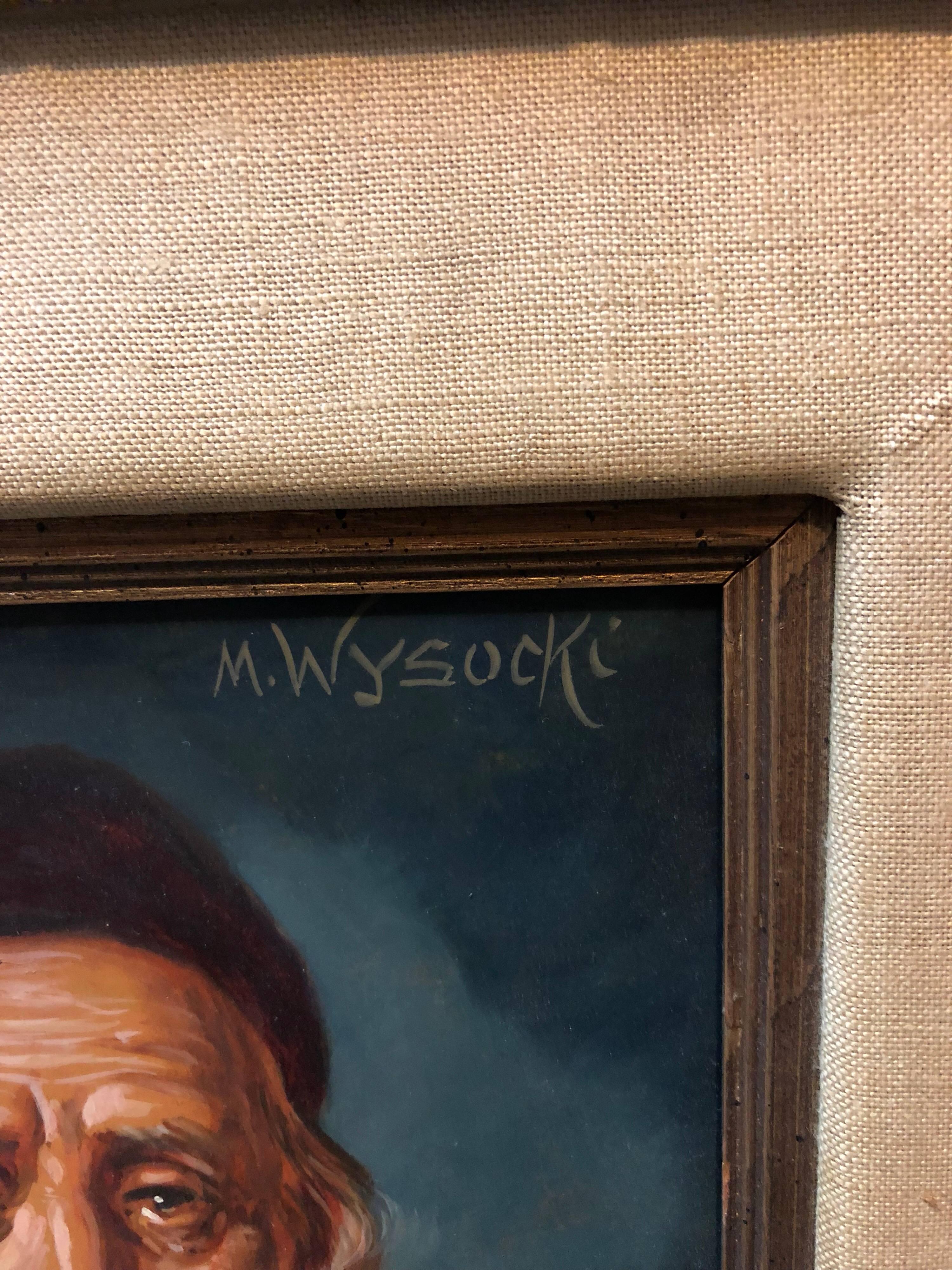 Realistisches Porträt eines älteren Rabbiners von dem polnisch-österreichischen Künstler M. Wysocki. Hier vermittelt der Künstler ein Gefühl von stiller Grandeur durch die Augen seines Motivs und die Art, wie es dargestellt wird. Er gehört zu einer