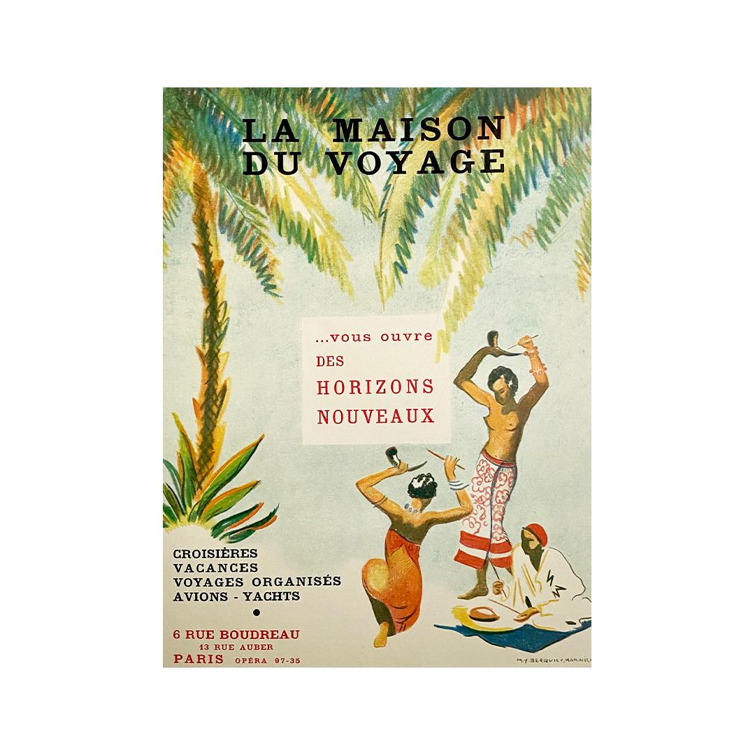 A beautiful poster commissioned in the 1930's by La Maison du Voyage, a former travel agency that developed cruises and tours around the world.

This poster was intended to promote tourism in Tahiti. Tahiti is an island in French Polynesia (an