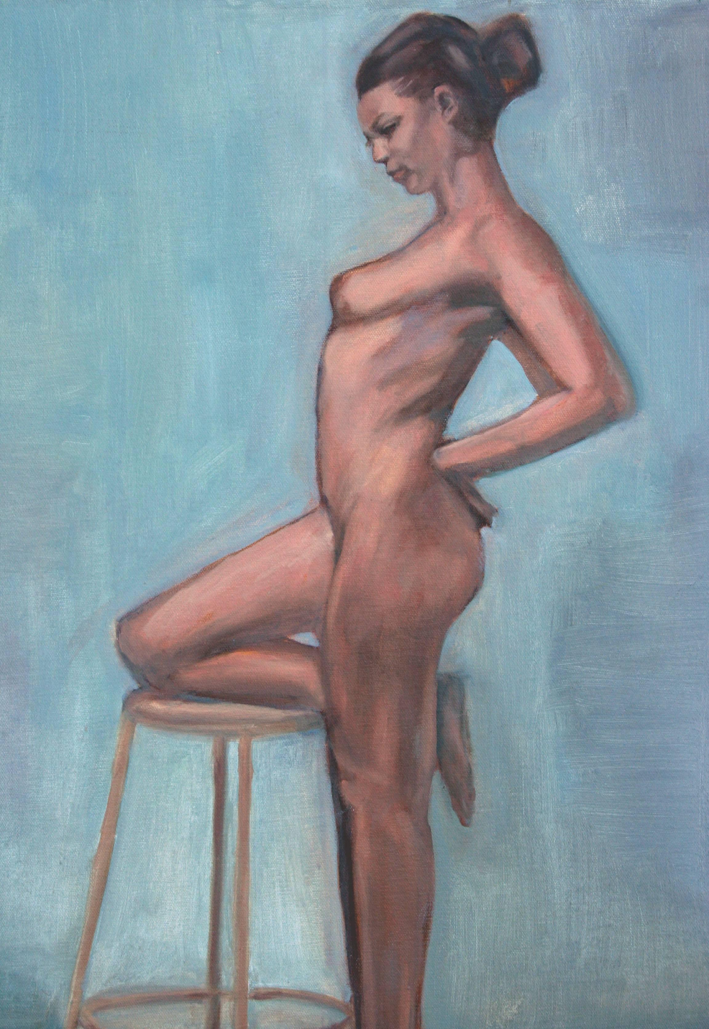 Figura nuda con sgabello su sfondo blu - Painting di M. Z. Murphy