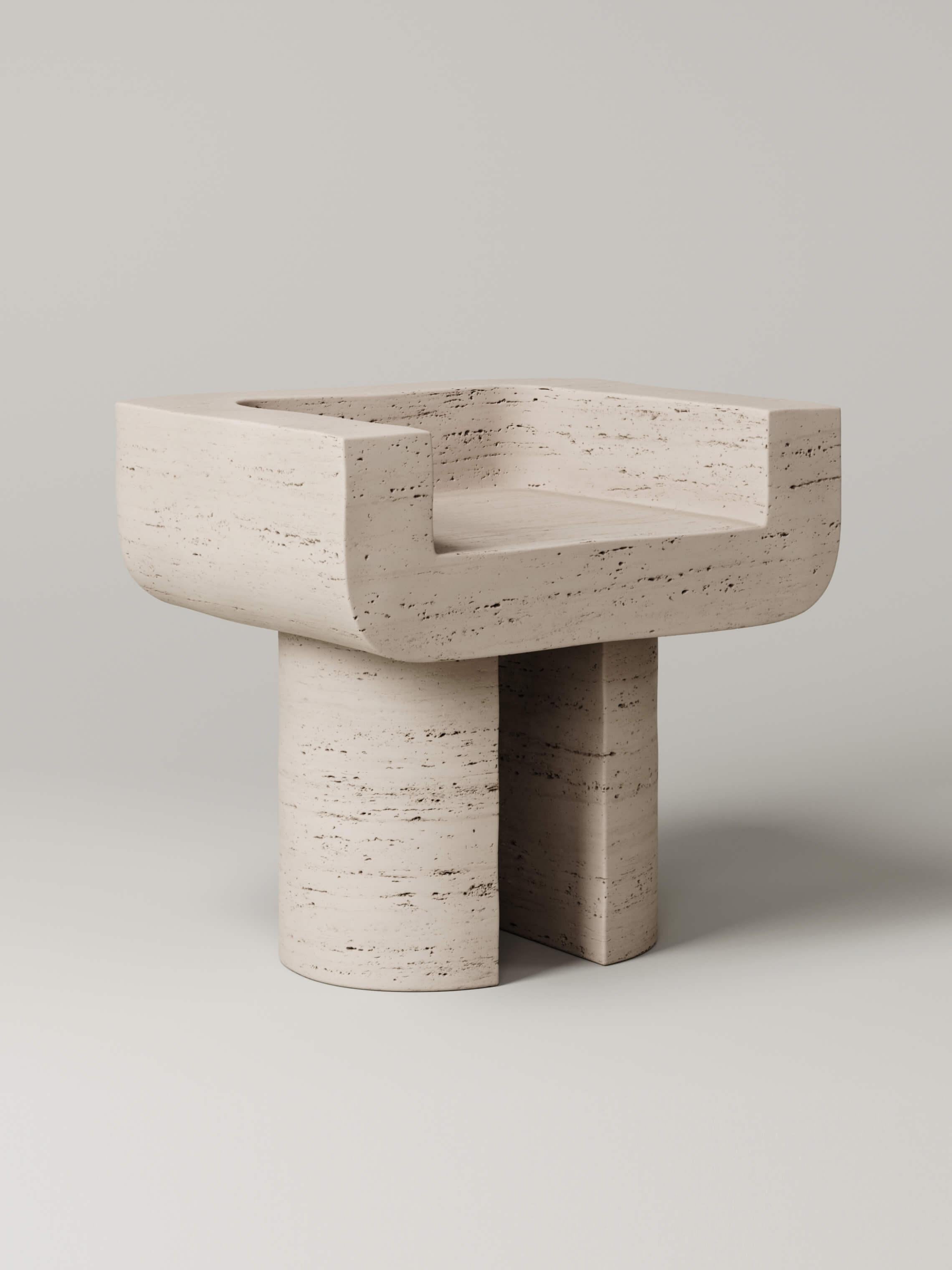 M_001 Travertine Chair by Monolith Studio
Signed and Numbered.
Dimensions: D 53,5 x W 65 x H 58,5 cm.
Materials: Travertine. 

Available in travertine, white onyx, lava rock and white oak. Please contact us. 

Monolith, founded in 2022 by Marc