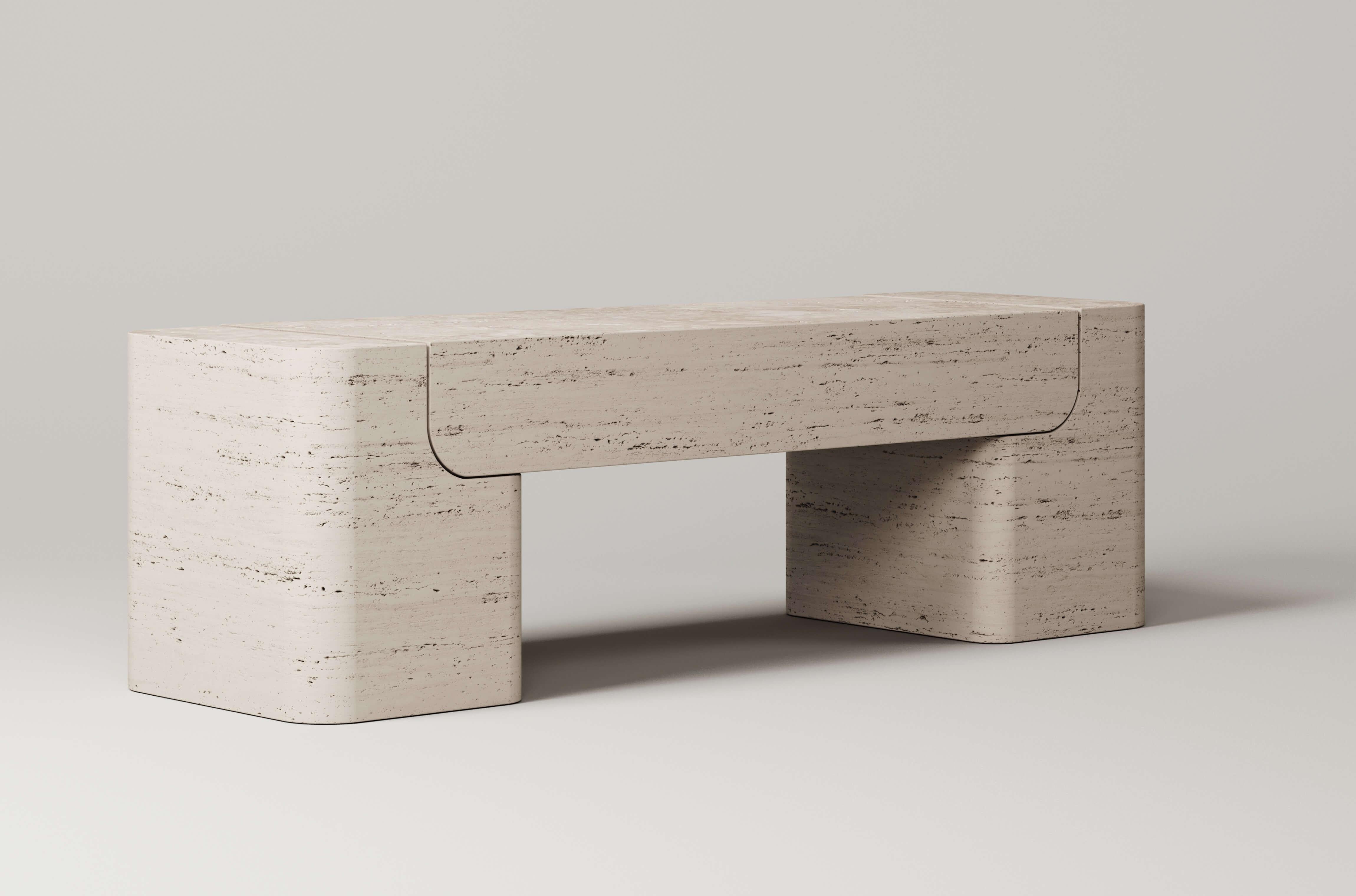 M_005 Travertine Bench by Monolith Studio
Signed and Numbered.
Dimensions: D 40 x W 132 x H 40 cm.
Materials: Travertine.

Available in travertine, walnut, white oak and lava rock.  Please contact us. 

Monolith, founded in 2022 by Marc Personick,