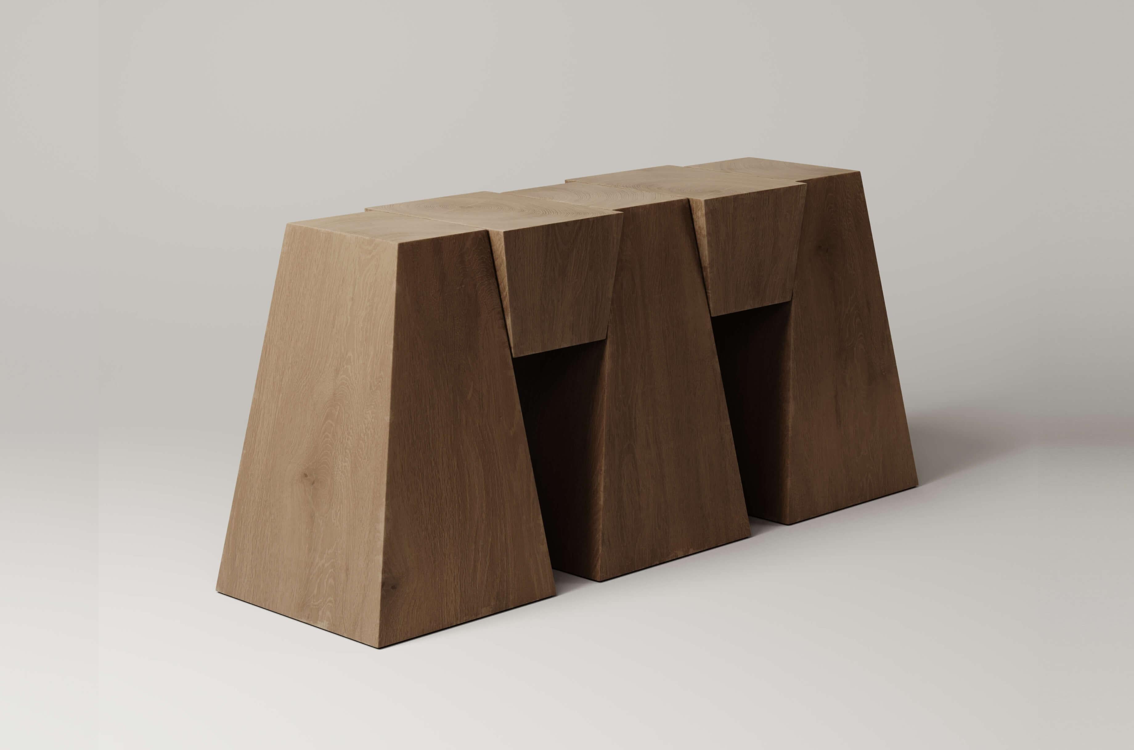 Assembled from 5 parts, the sophisticated inverse geometry and pure lines of the M_006 Console play with your sense of depth and space — its blocks effortlessly suspended above the ground. 

Numbered, Signed, and includes Certificate of