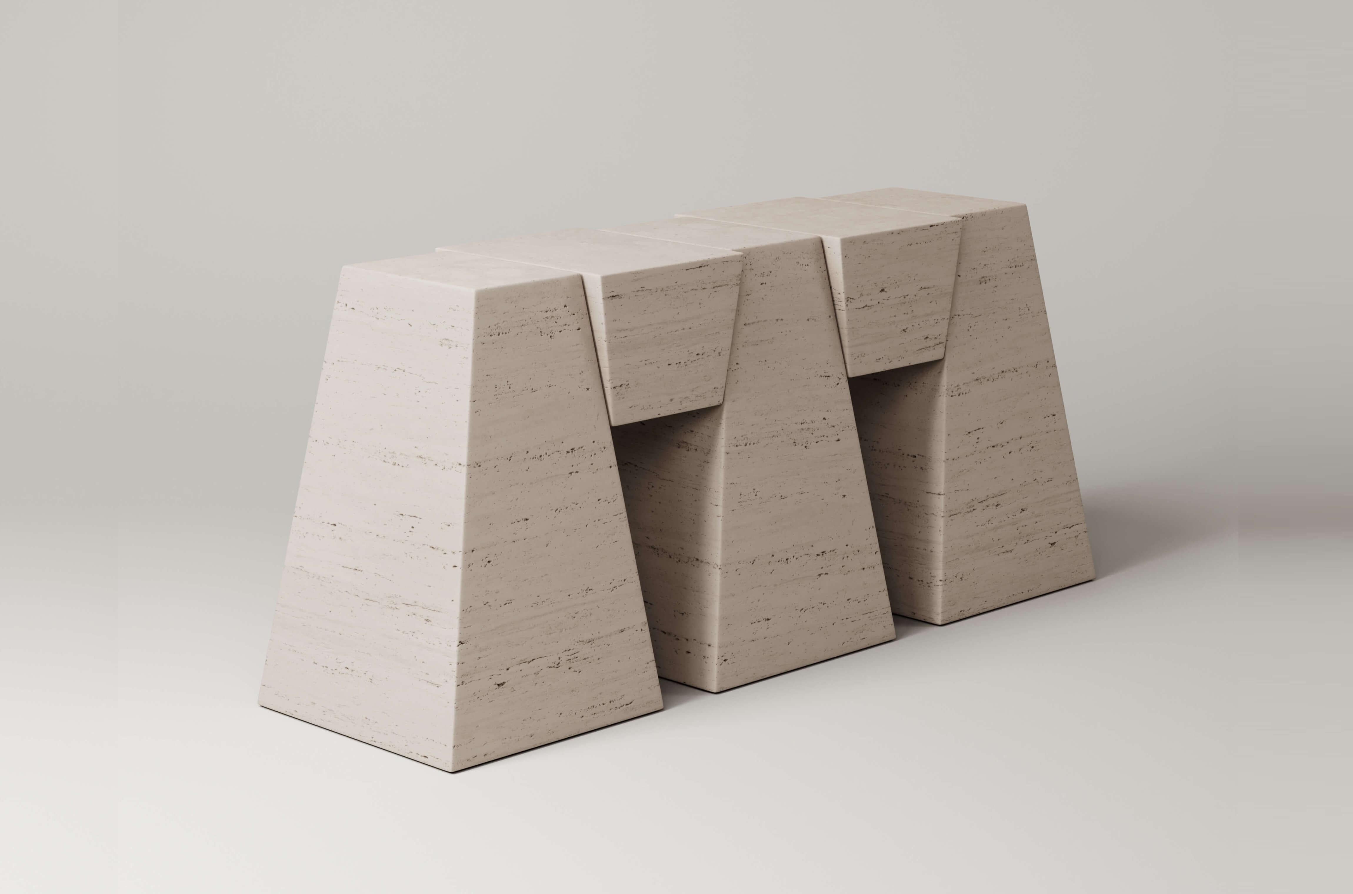 M_006 Travertine Console by Monolith Studio
Signed and Numbered.
Dimensions: D 45 x W 165 x H 78 cm.
Materials: Travertine.

Available in travertine, walnut, white oak and lava rock.  Please contact us. 

Monolith, founded in 2022 by Marc Personick,