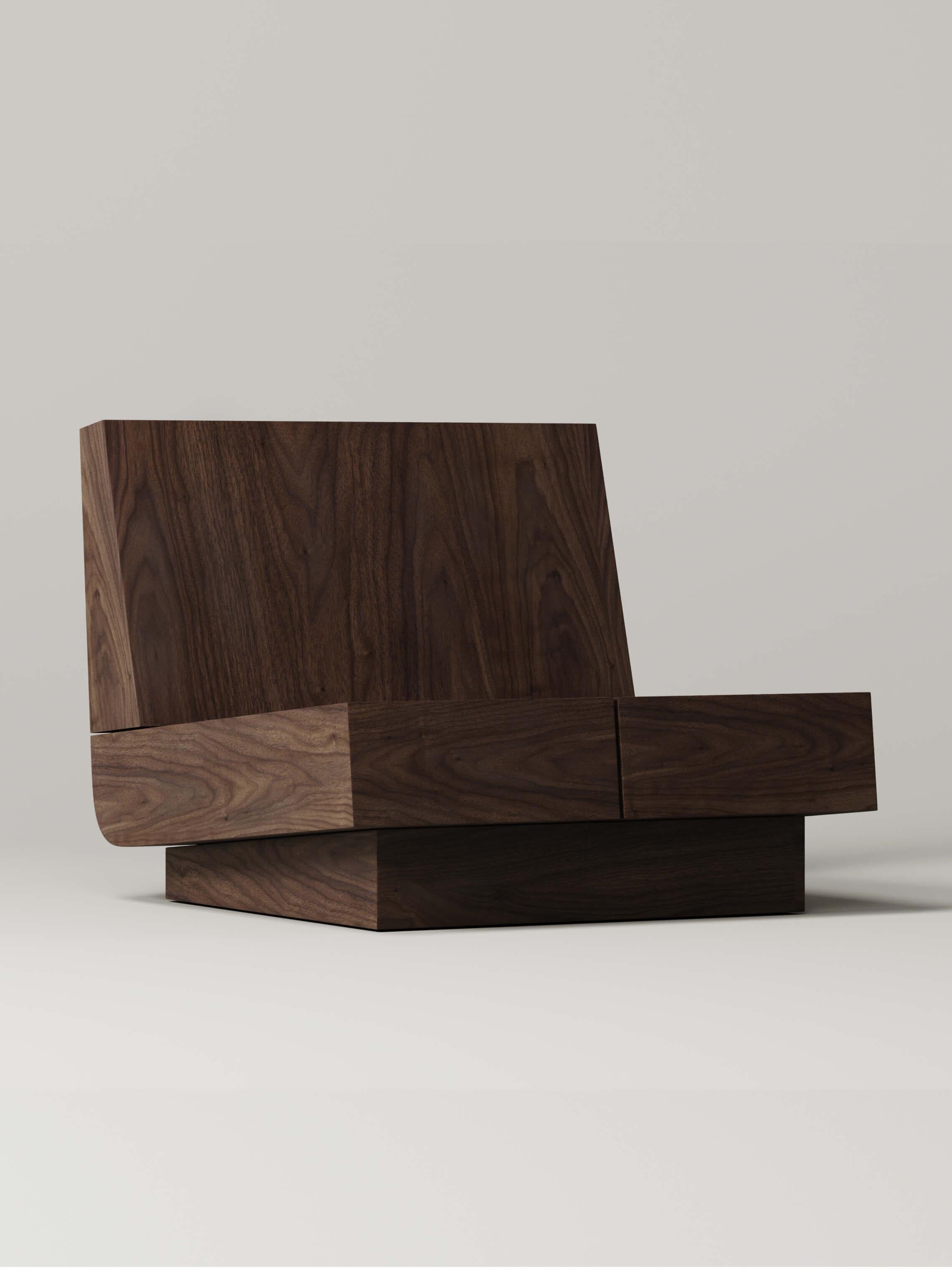 M_007 Lounge Chair by Monolith Studio
Signed and Numbered.
Dimensions: D 70 x W 66 x H 60 cm.
Materials: Walnut. 

Available in travertine, walnut, white oak and lava rock.  Please contact us. 

Monolith, founded in 2022 by Marc Personick, leans on