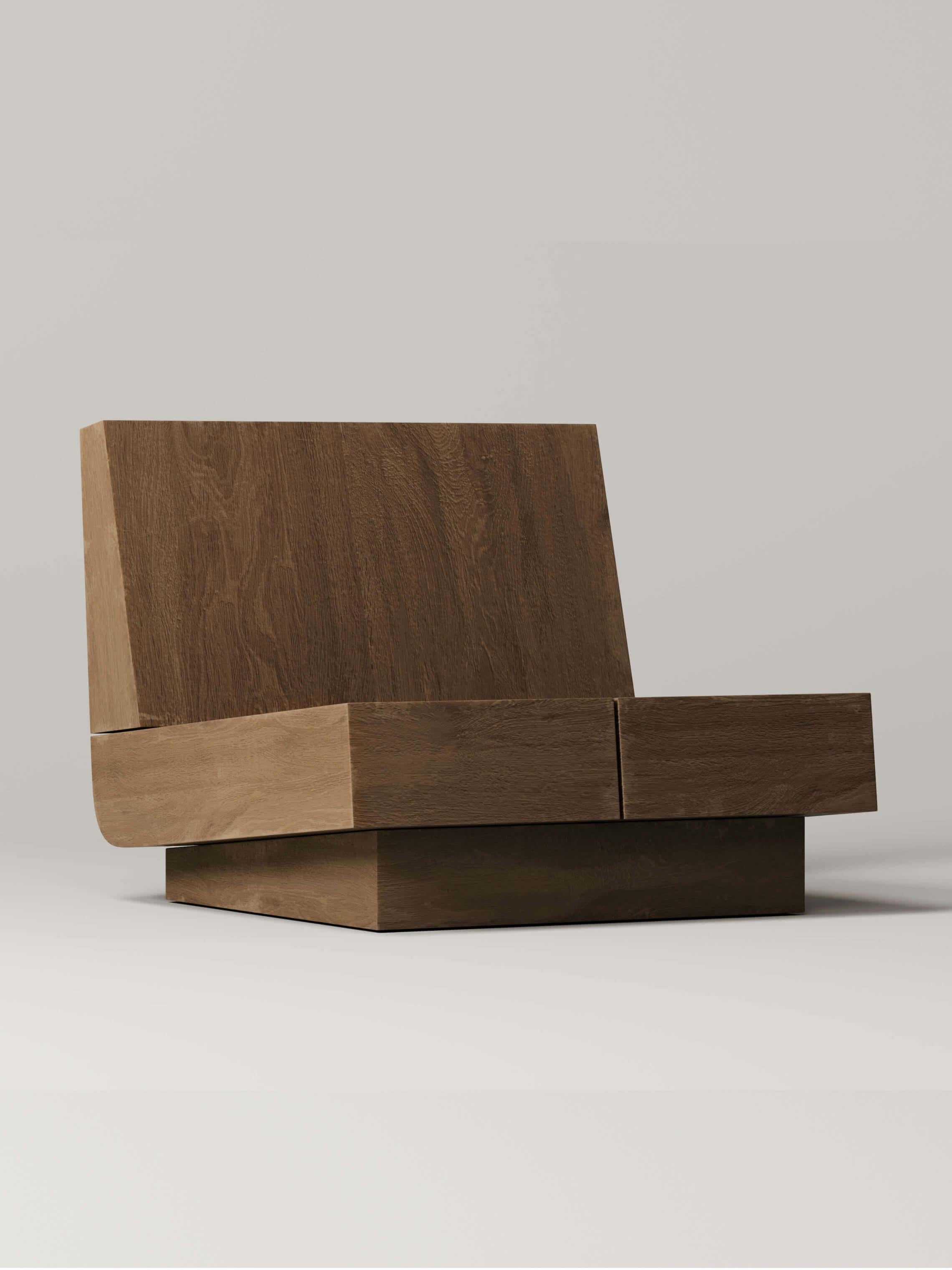 M_007 Oak Lounge Chair by Monolith Studio
Signed and Numbered.
Dimensions: D 70 x W 66 x H 60 cm.
Materials: Oak. 

Available in travertine, walnut, white oak and lava rock.  Please contact us. 

Monolith, founded in 2022 by Marc Personick, leans on