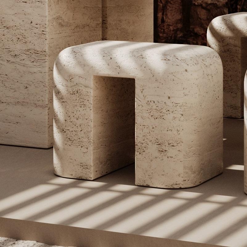 M_011 Travertine Dining Stool by Monolith Studio
Signed and Numbered.
Dimensions: D 40 x W 56 x H 46 cm. 
Materials: Travertine. 

Available in travertine, lava rock and white oak (on request). Please contact us. 

Monolith, founded in 2022 by Marc