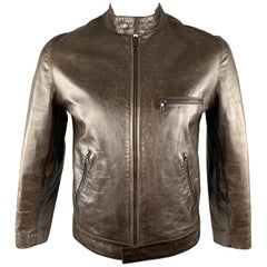 M0851 Poitrine Taille M Marron Cuir Col Ceinturé Poches Zip Up Motocyclette Jac