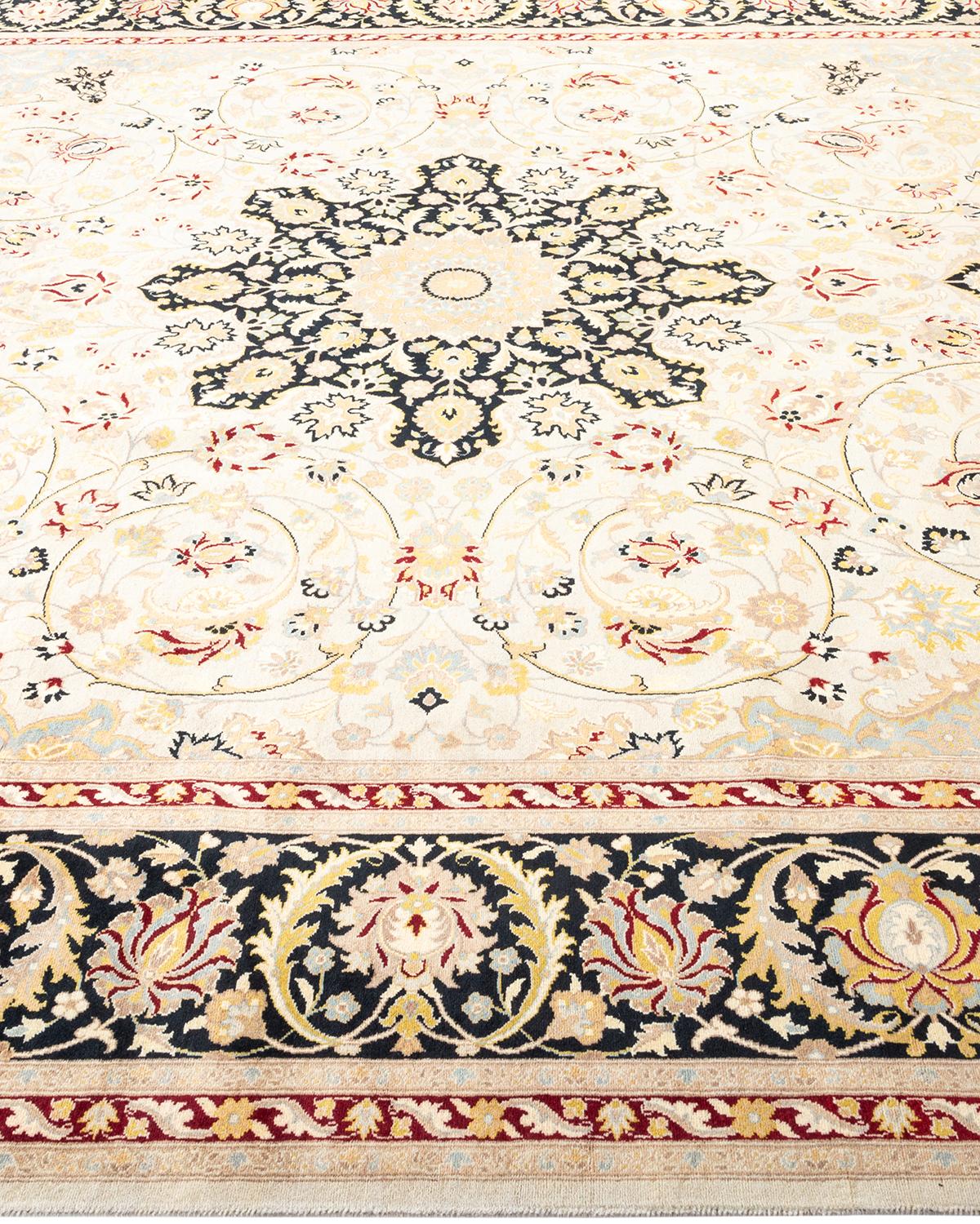 M1602-227 One-Of-A-Kind Hand Made Traditional Mogul Ivory Area Rug In New Condition For Sale In Norwalk, CT