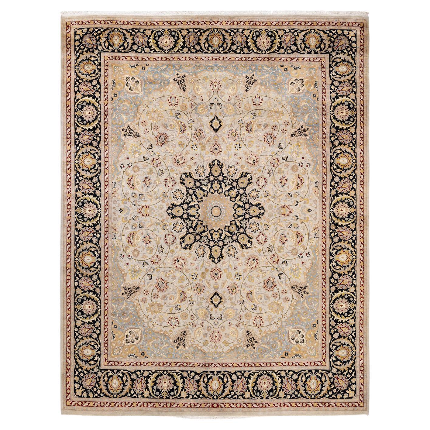 M1602-227 One-Of-A-Kind Hand Made Traditional Mogul Ivory Area Rug For Sale