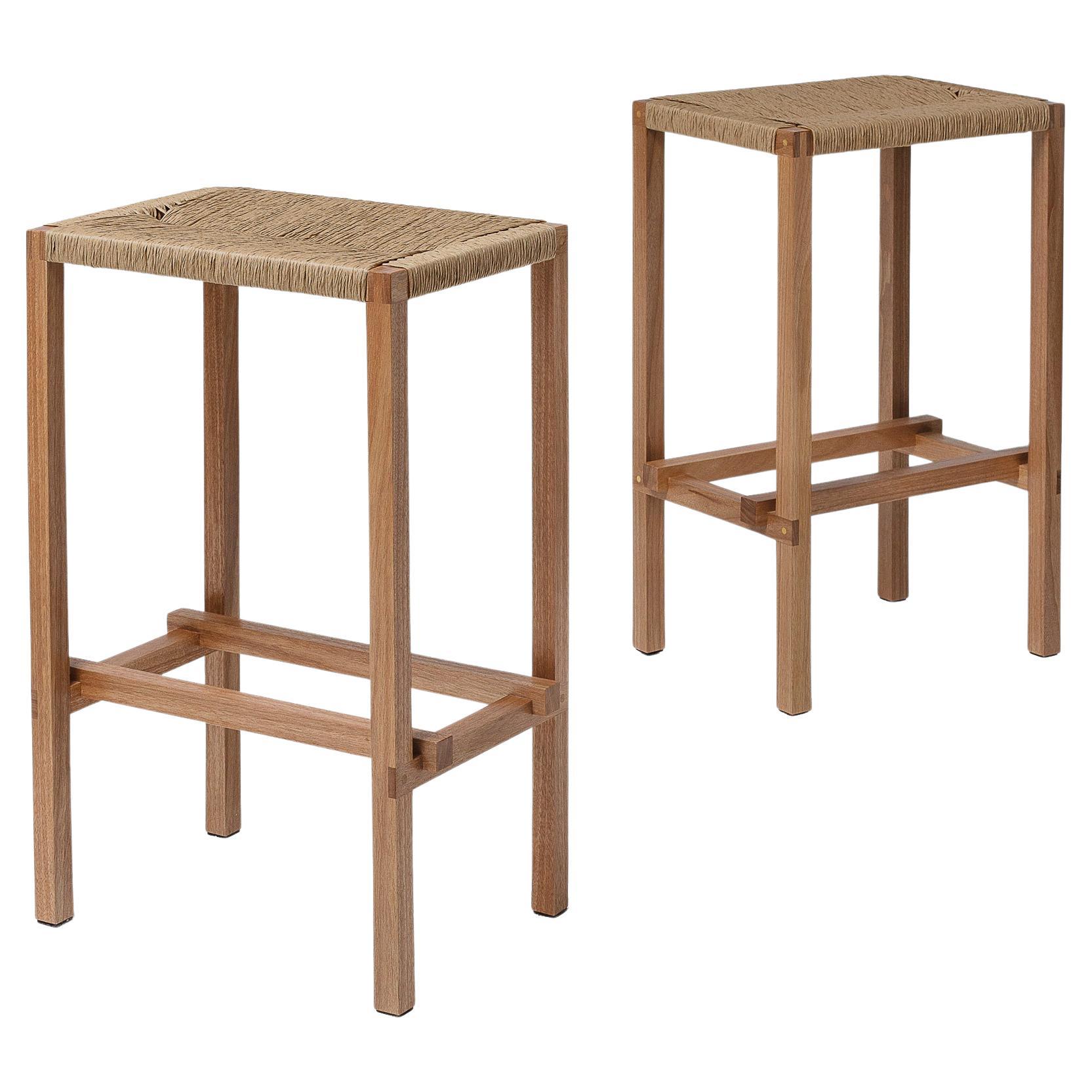 M2 Stool, Set of 2 Woven Seat Contemporary Handcrafted Solid Wood Furniture For Sale