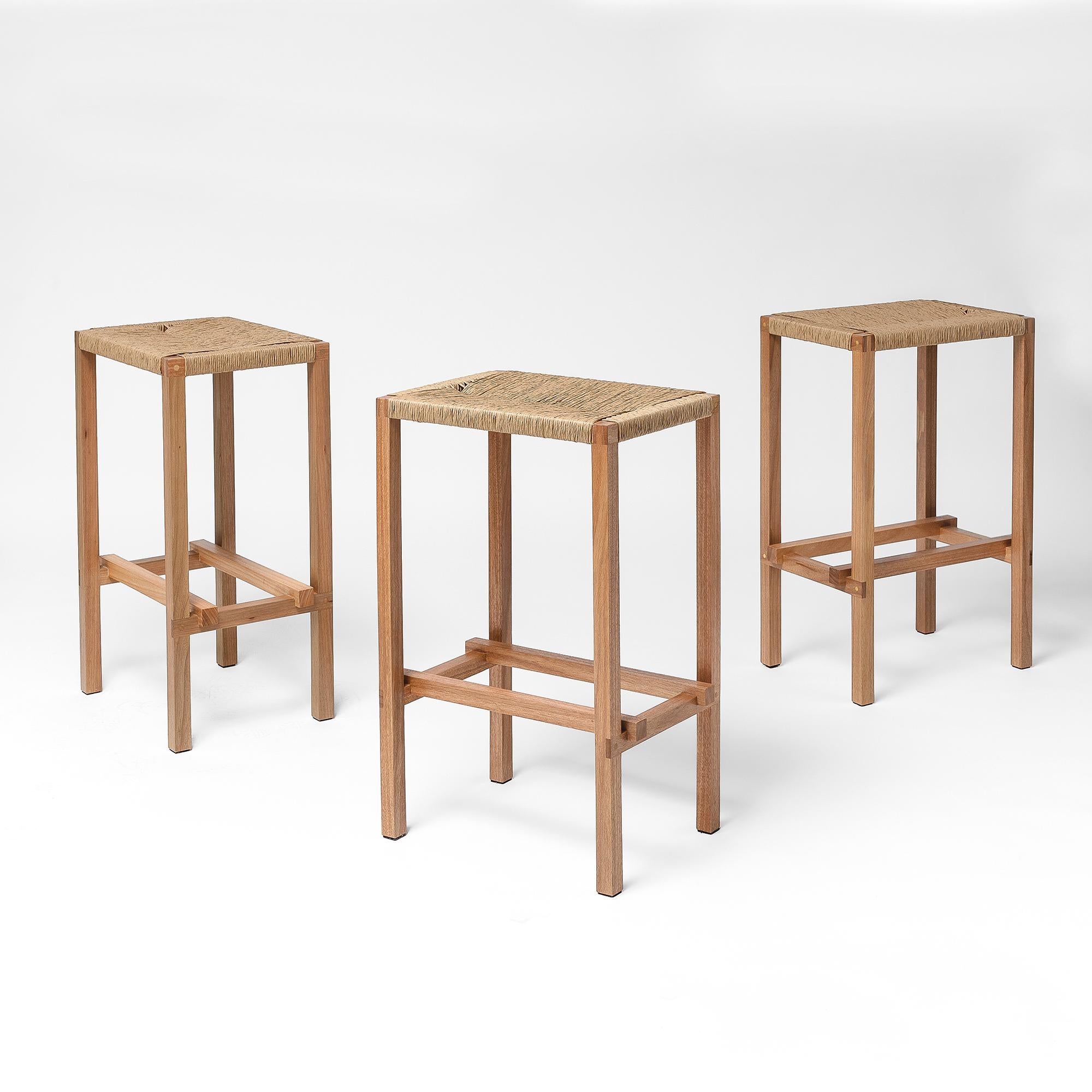 Other M2 Stool, Set of 3 Woven Seat Contemporary Handcrafted Solid Wood Furniture For Sale