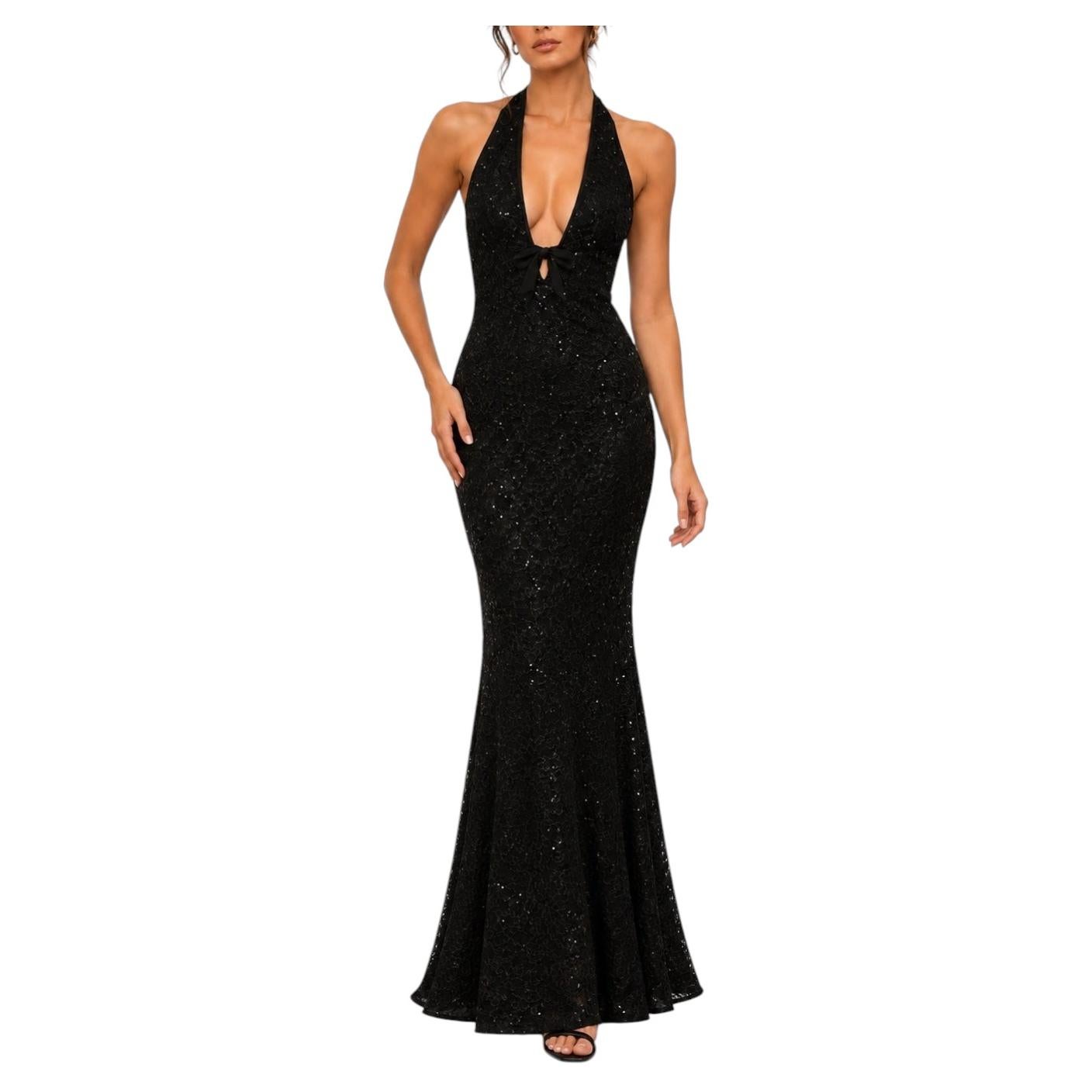 MA 1990s Black Sequined Backless Halter Silk Lined Gown with Bow
