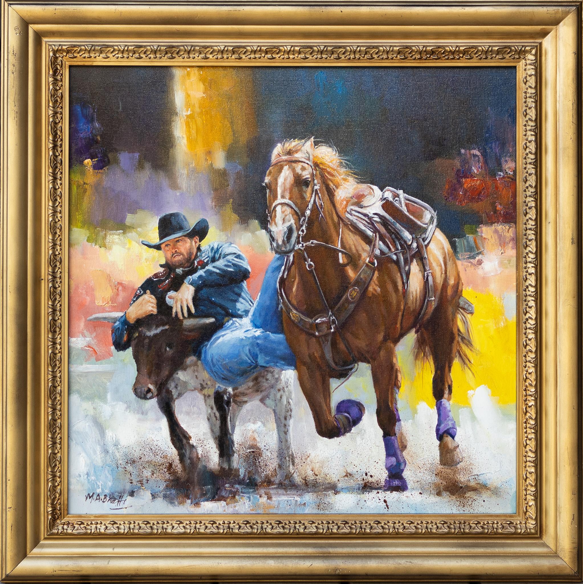 „Bold Bulldogger“ Rodeo-Cowboy-Szene (Zeitgenössisch), Painting, von M.A. Bhatti