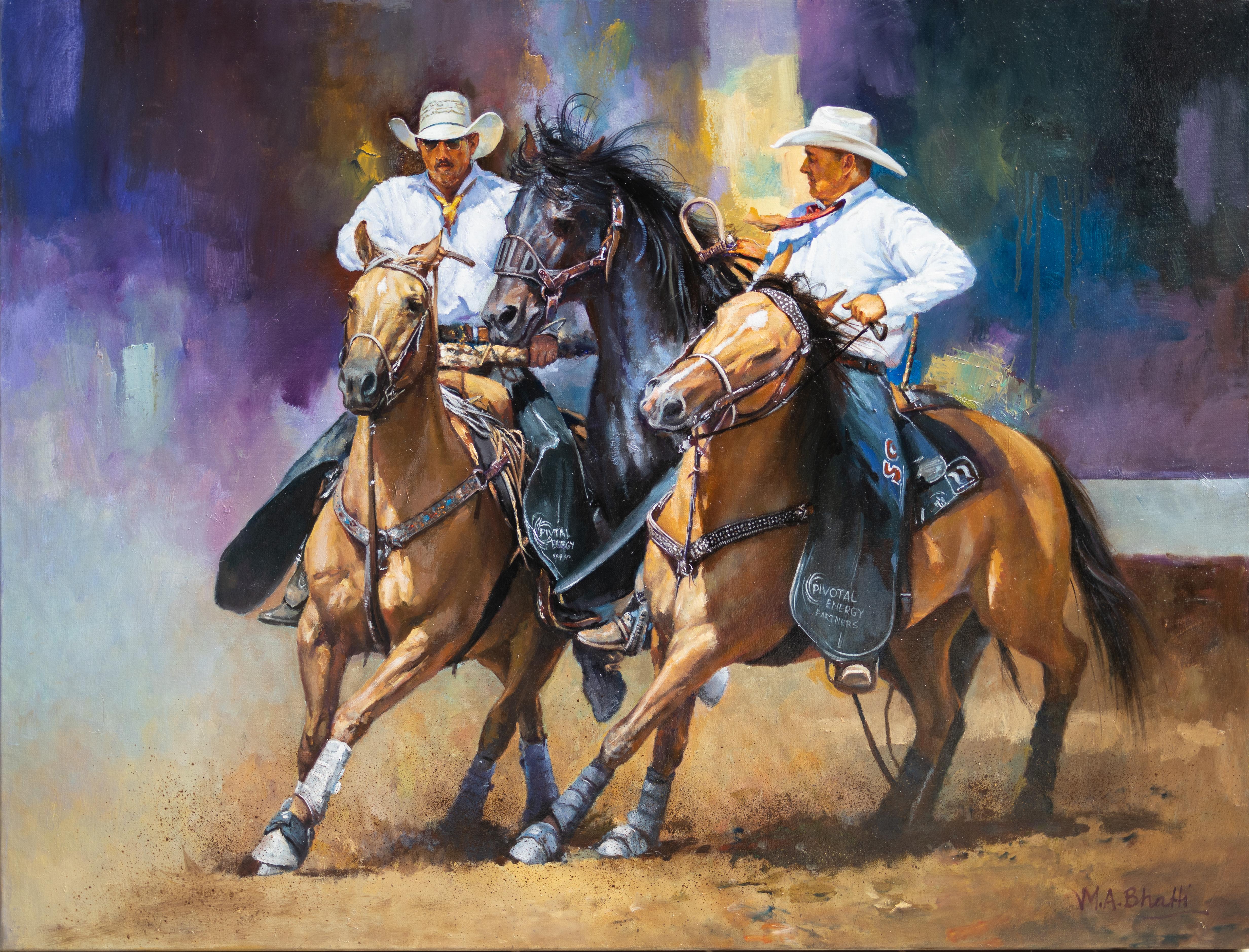 M.A. Bhatti Figurative Painting - "Chasing Down the Beauty", Western Rodeo Scene, Oil on Canvas