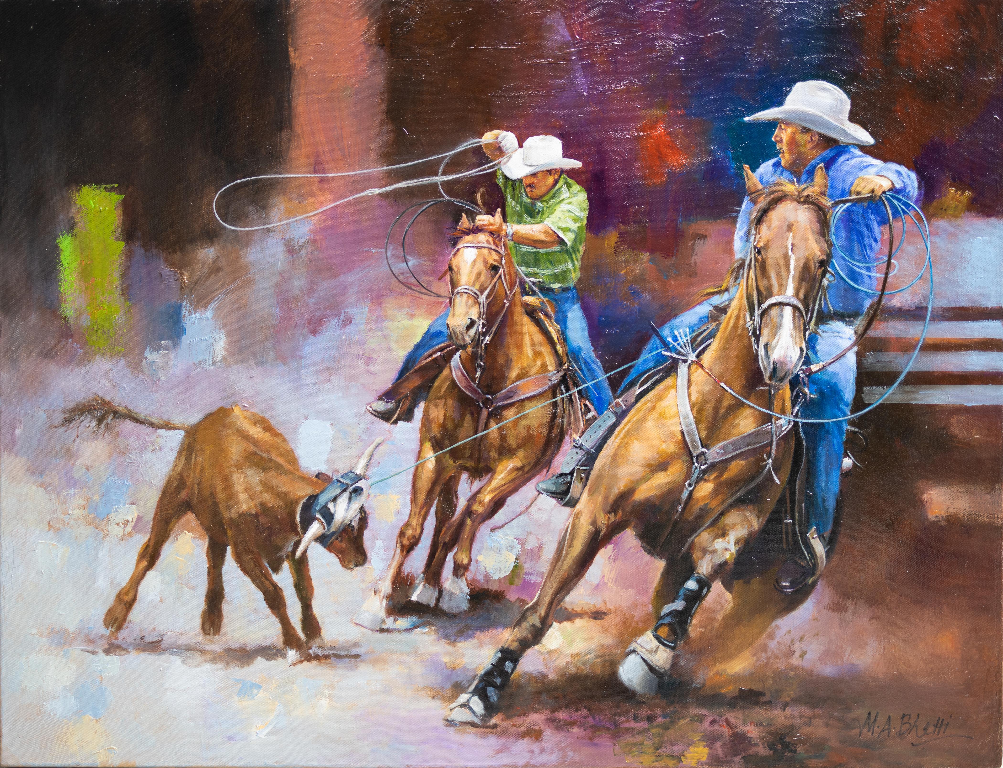 M.A. Bhatti Figurative Painting - "Got 'em Buddy", Western Rodeo Scene, Oil on Canvas