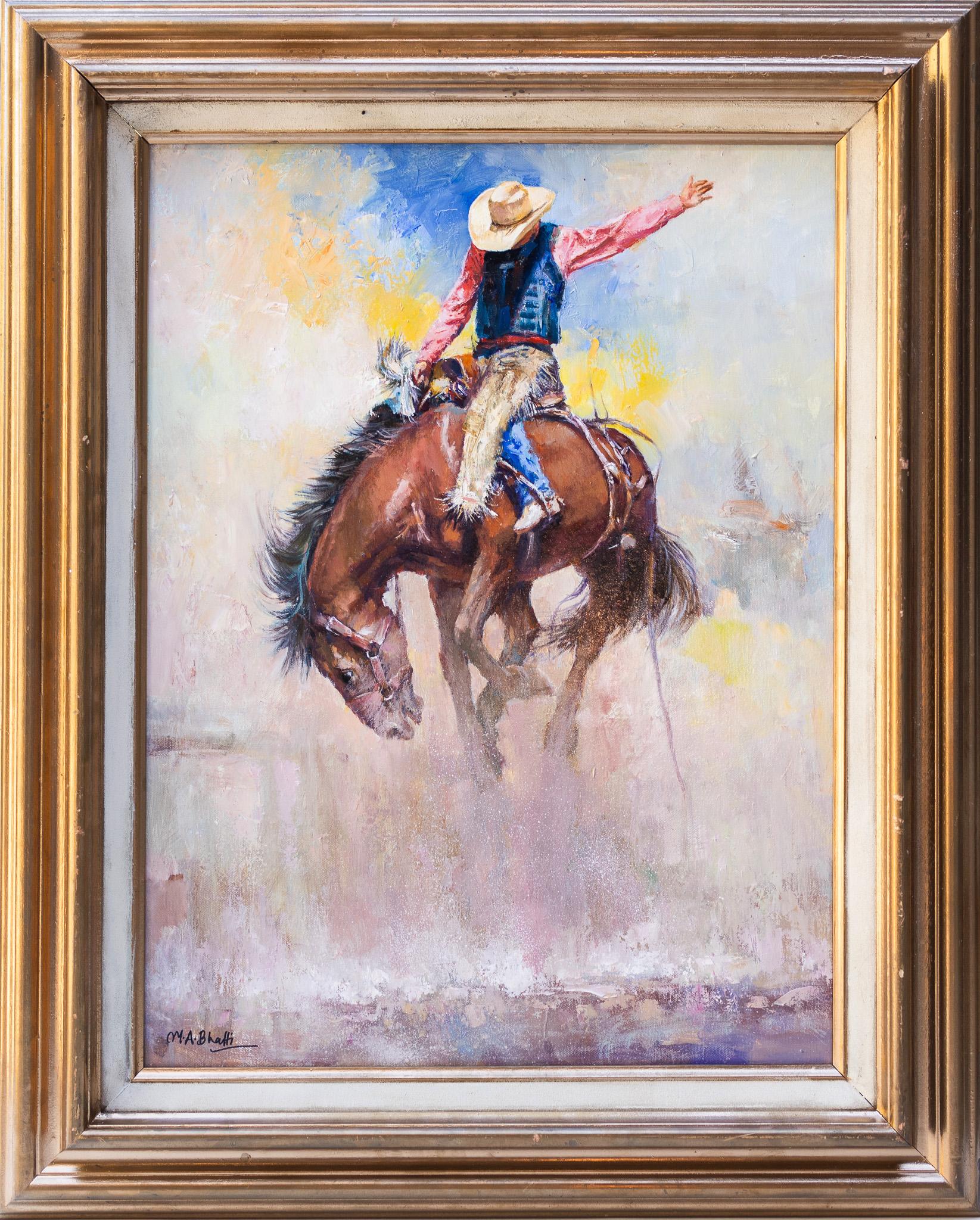 „Rider in the Dust“ Rodeo Cowboy auf baumelndem Bronco (Amerikanischer Realismus), Painting, von M.A. Bhatti