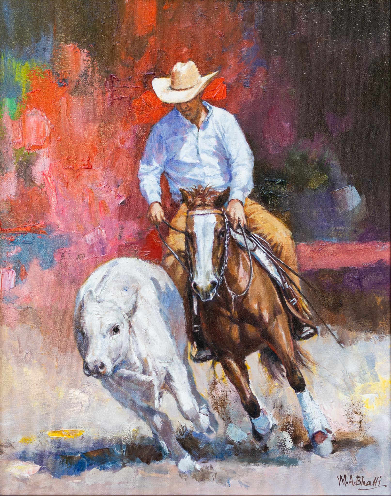 "Round Up Time" Rodeo Cowboy Scene - Painting by M.A. Bhatti
