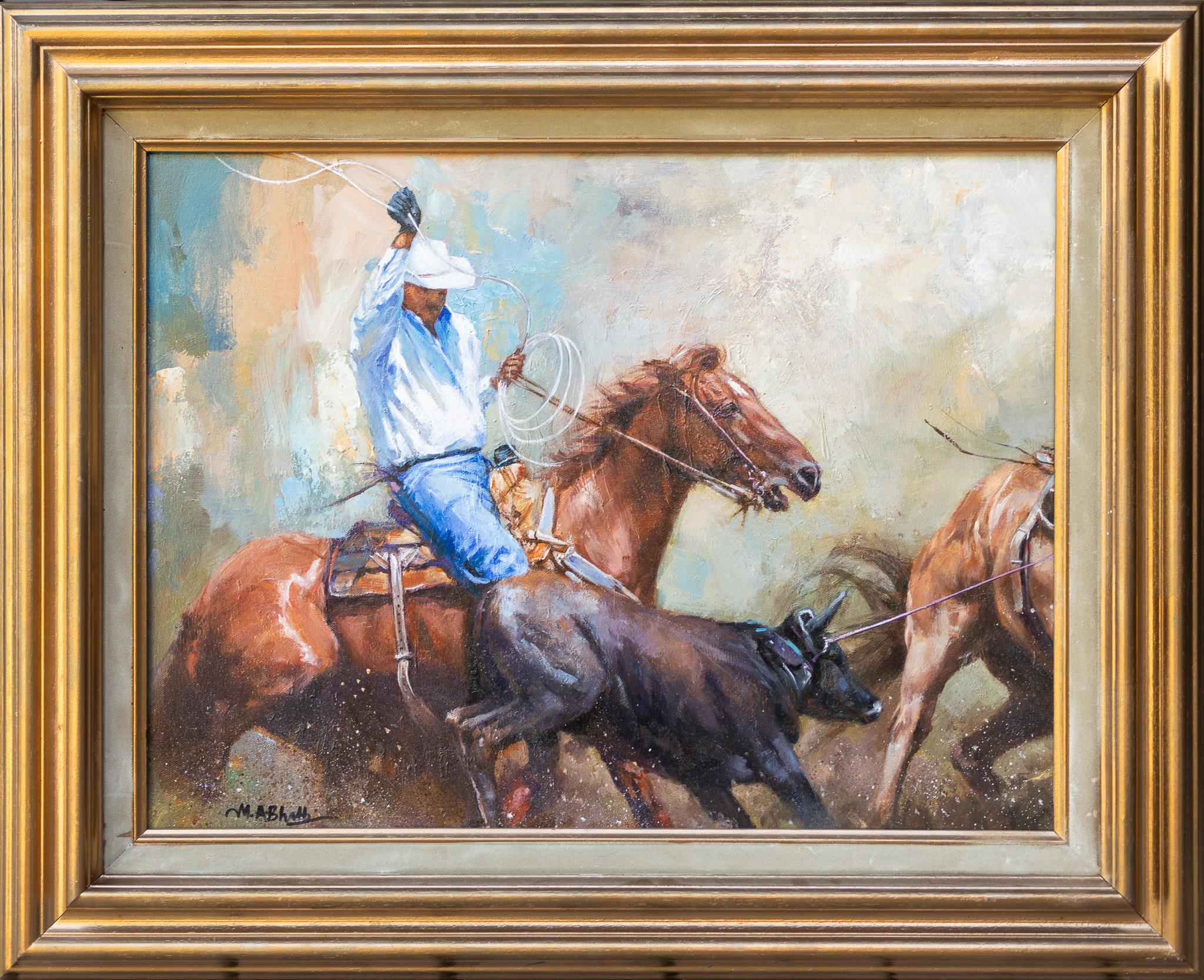 Scène de cowboy de rodéo «gged in the Stampede » - Contemporain Painting par M.A. Bhatti