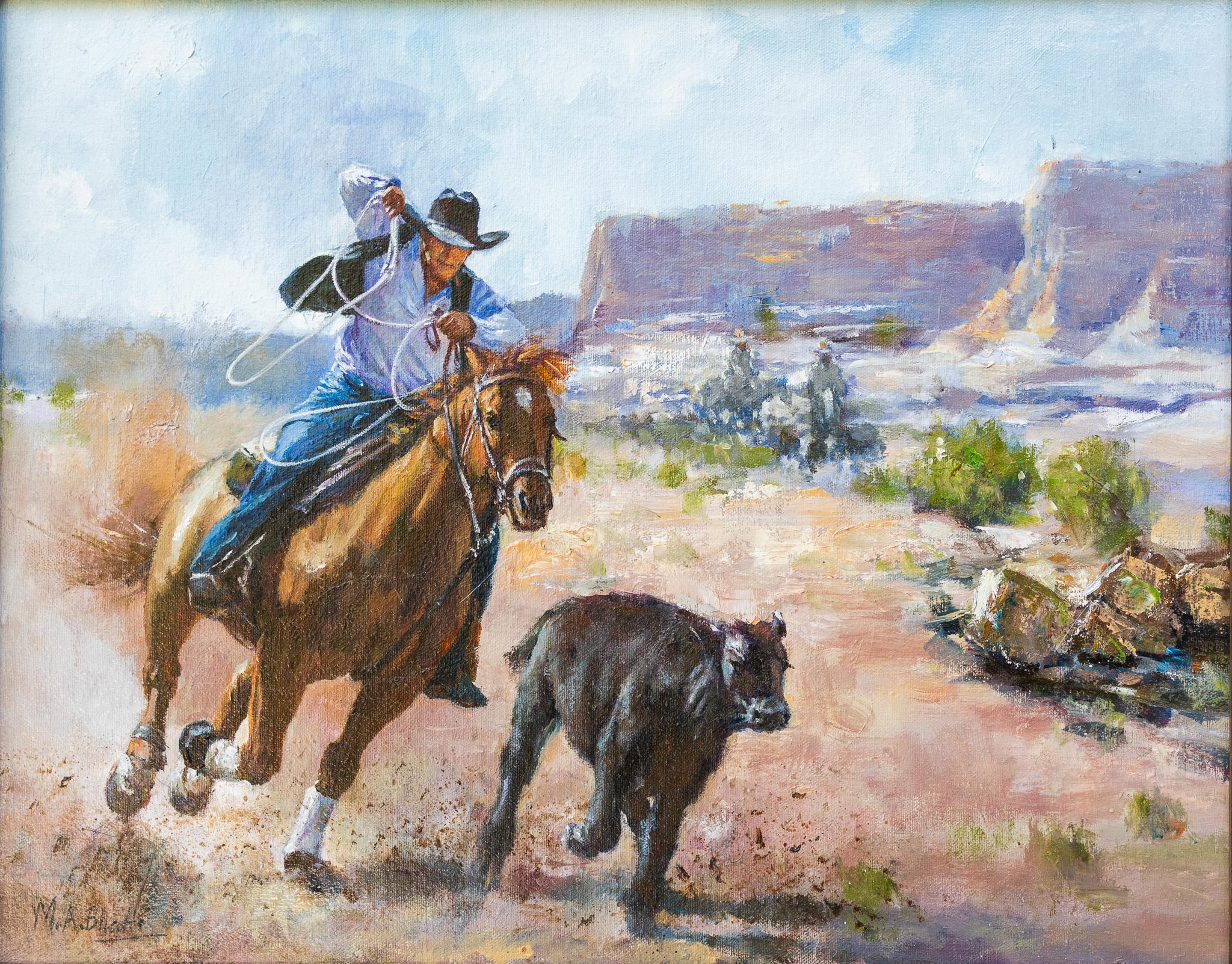 Landscape Painting de M.A. Bhatti - "La Persecución" Escena de vaqueros del Oeste
