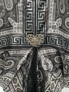 MA Black & Grey Paisley Silk Cocoon With Antique Clasp and Spaniard Fringe