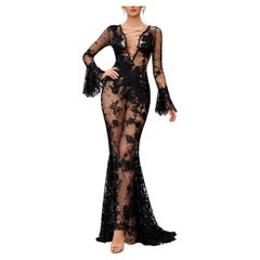 MA Black Ribbon Flower Appliqué Embroidered Lace Long Sleeve Gown w