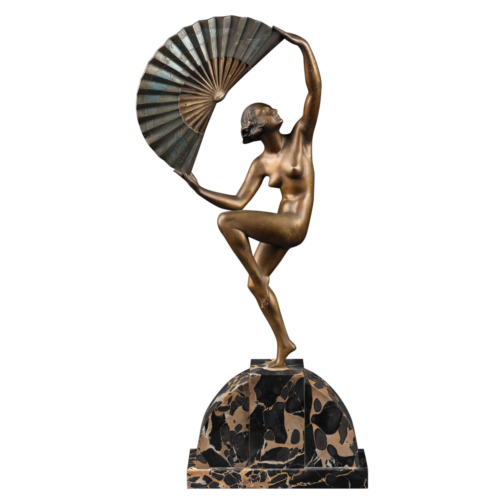 M.A. Bouraine : "Danseuse à l
éventail", bronze patiné triple signé - C.C. 1925 en vente