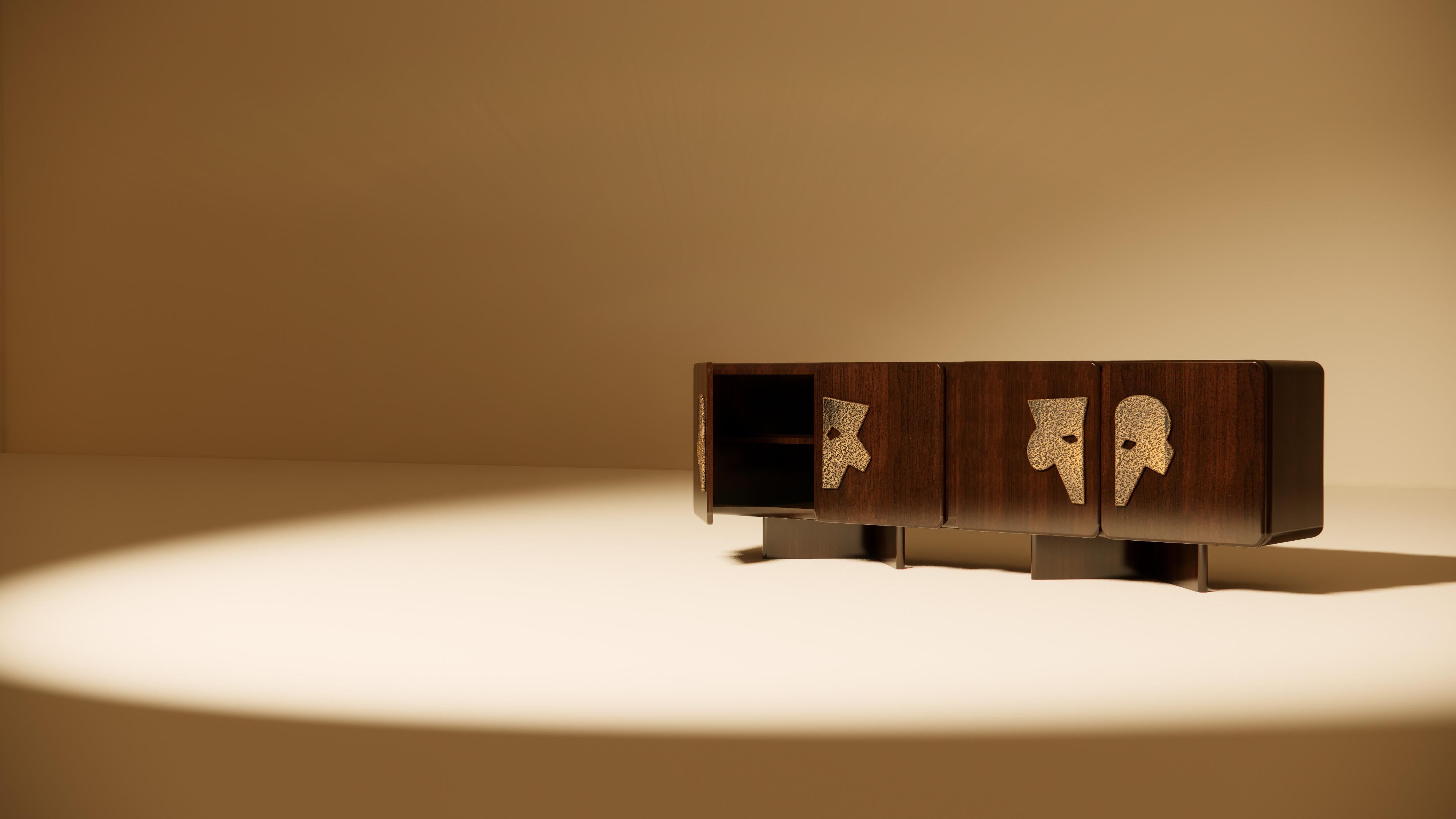 Modern Ma Credenza II in Walnut with Hammered Brass Handles For Sale