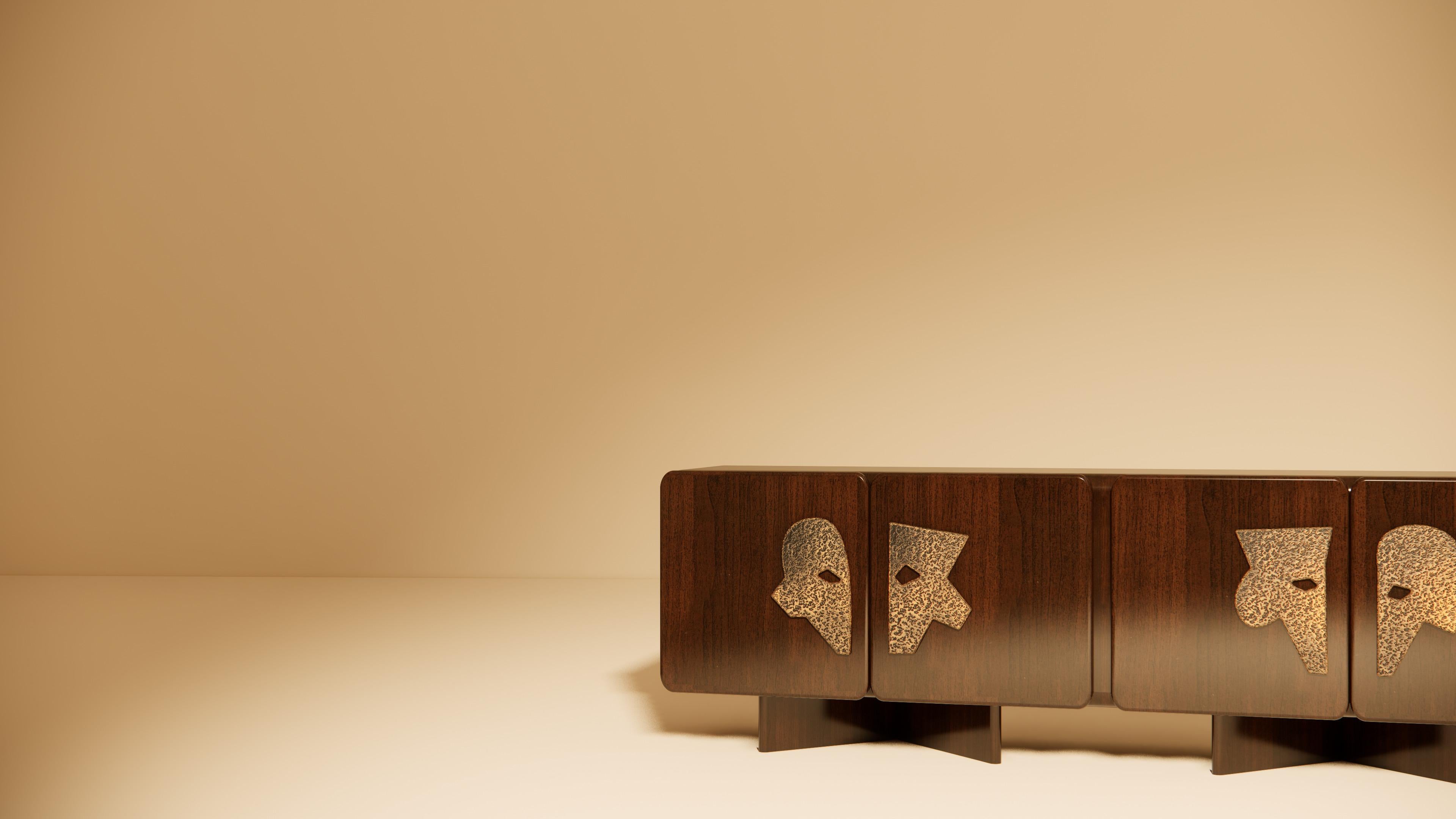 Italian Ma Credenza II in Walnut with Hammered Brass Handles For Sale
