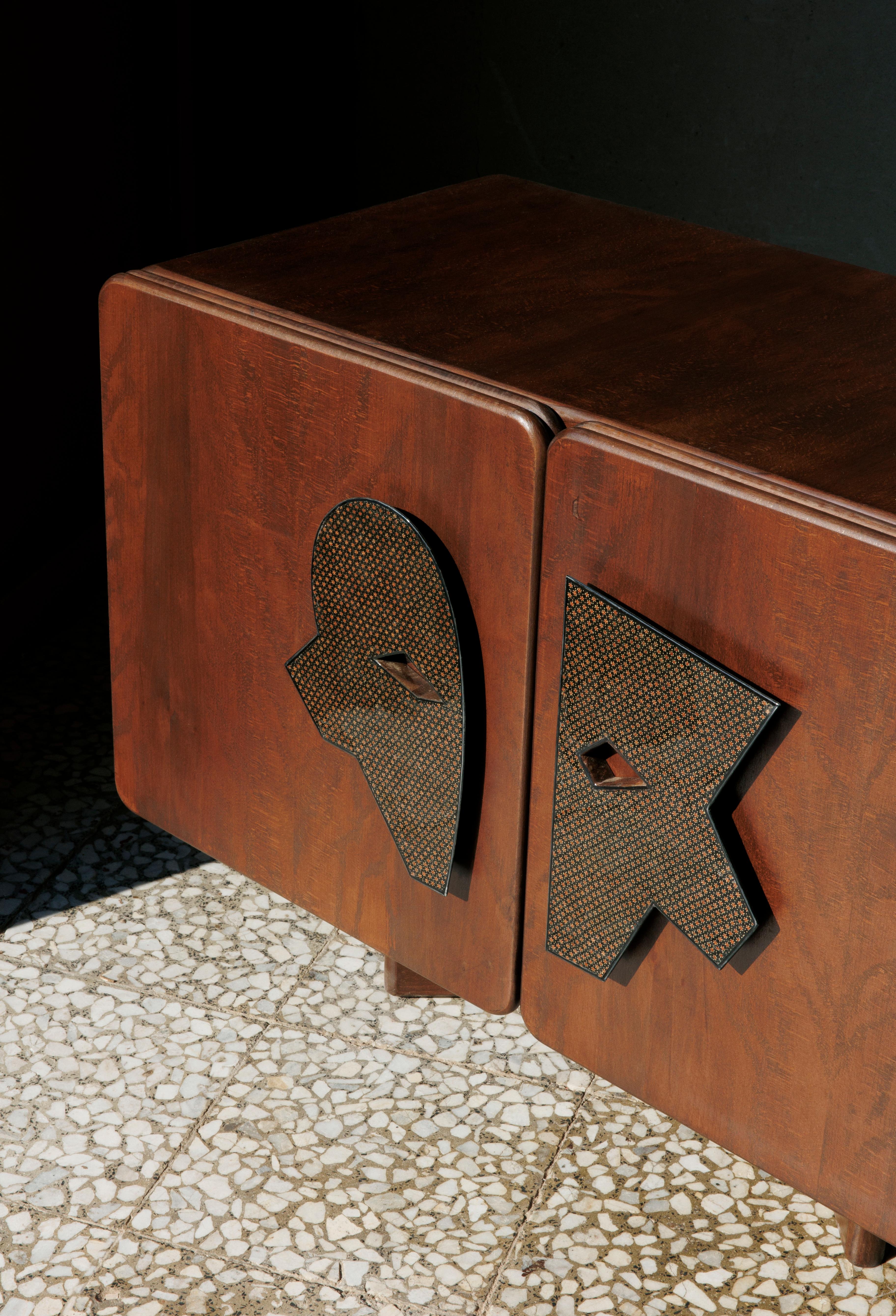 Hand-Carved Ma Credenza in Walnut with Khatam Inlay by VandaVee For Sale