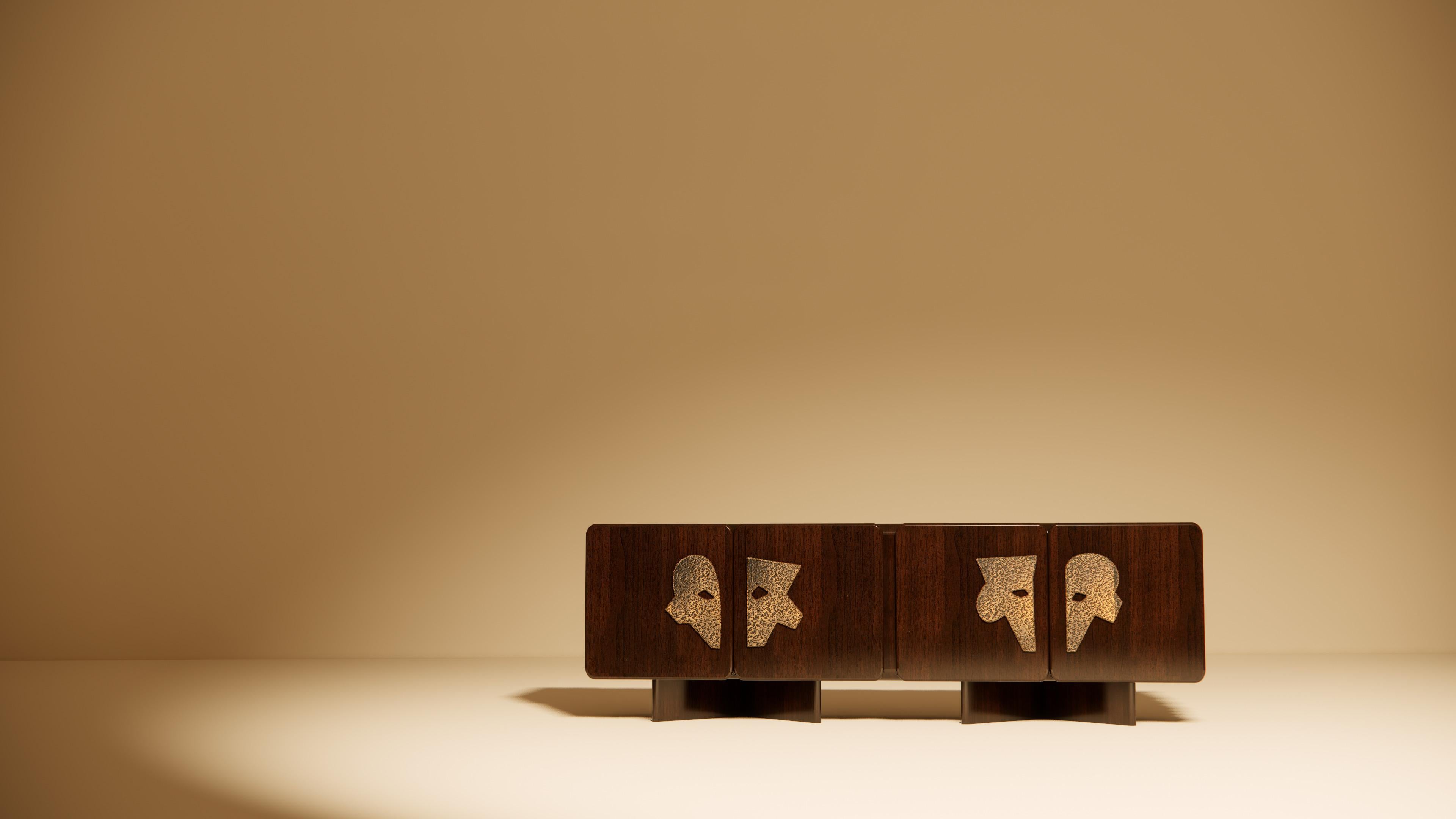 Hand-Crafted Ma Credenza II in Walnut with Hammered Brass Handles For Sale