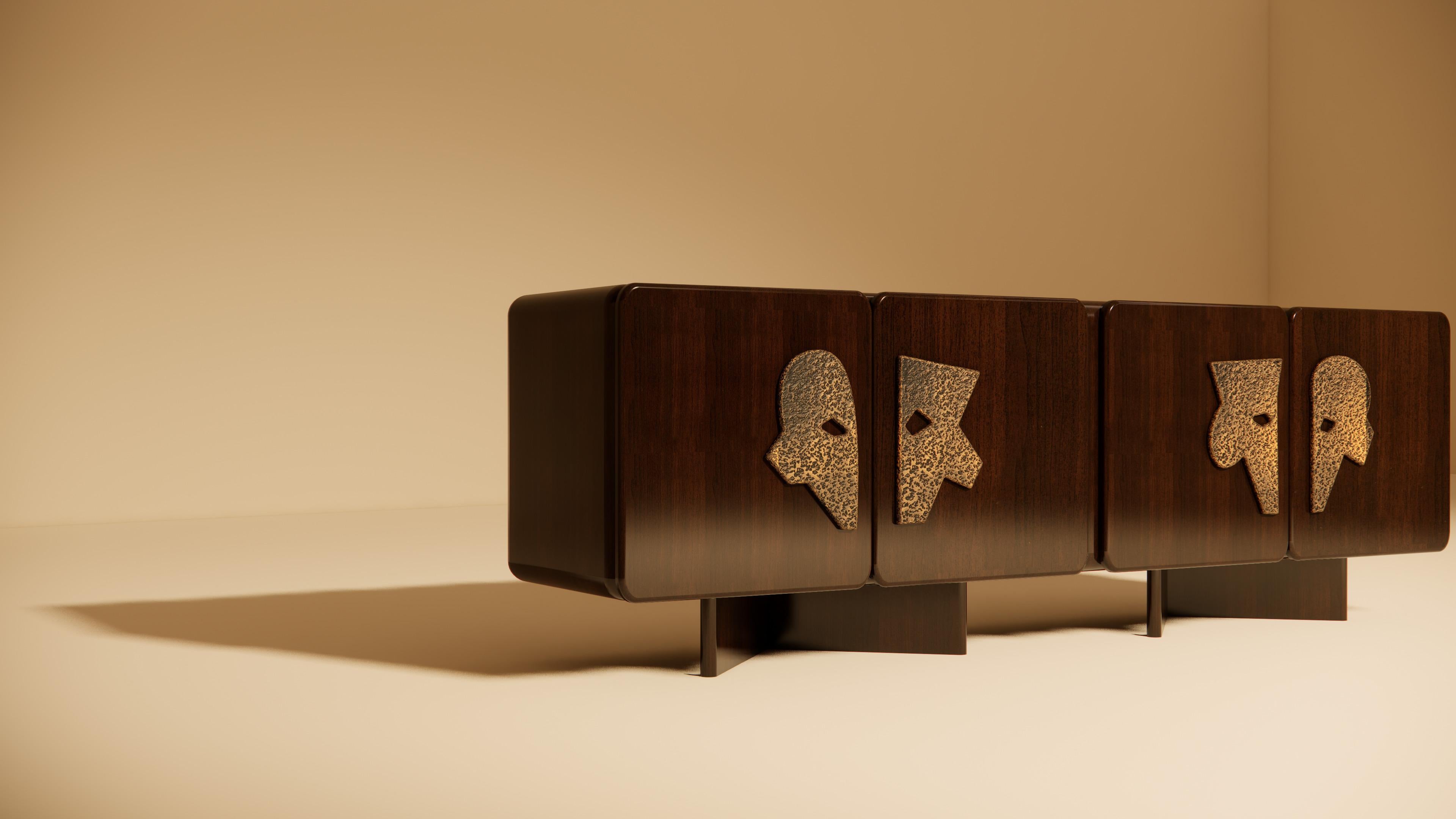 Contemporary Ma Credenza II in Walnut with Hammered Brass Handles For Sale