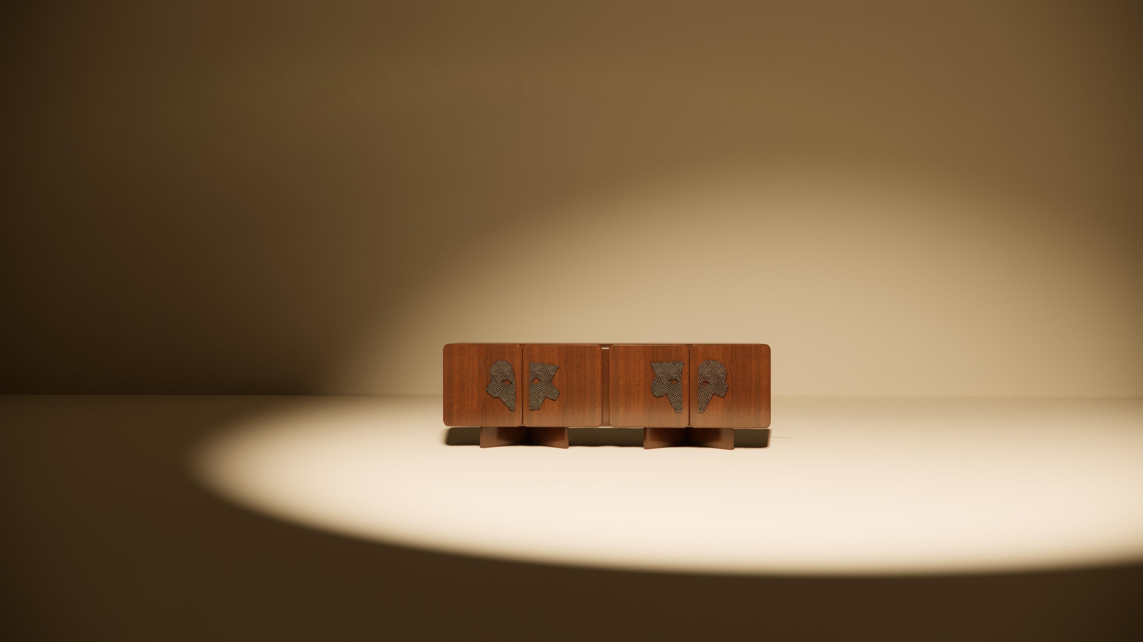 Brass Ma Credenza in Walnut with Khatam Inlay by VandaVee For Sale