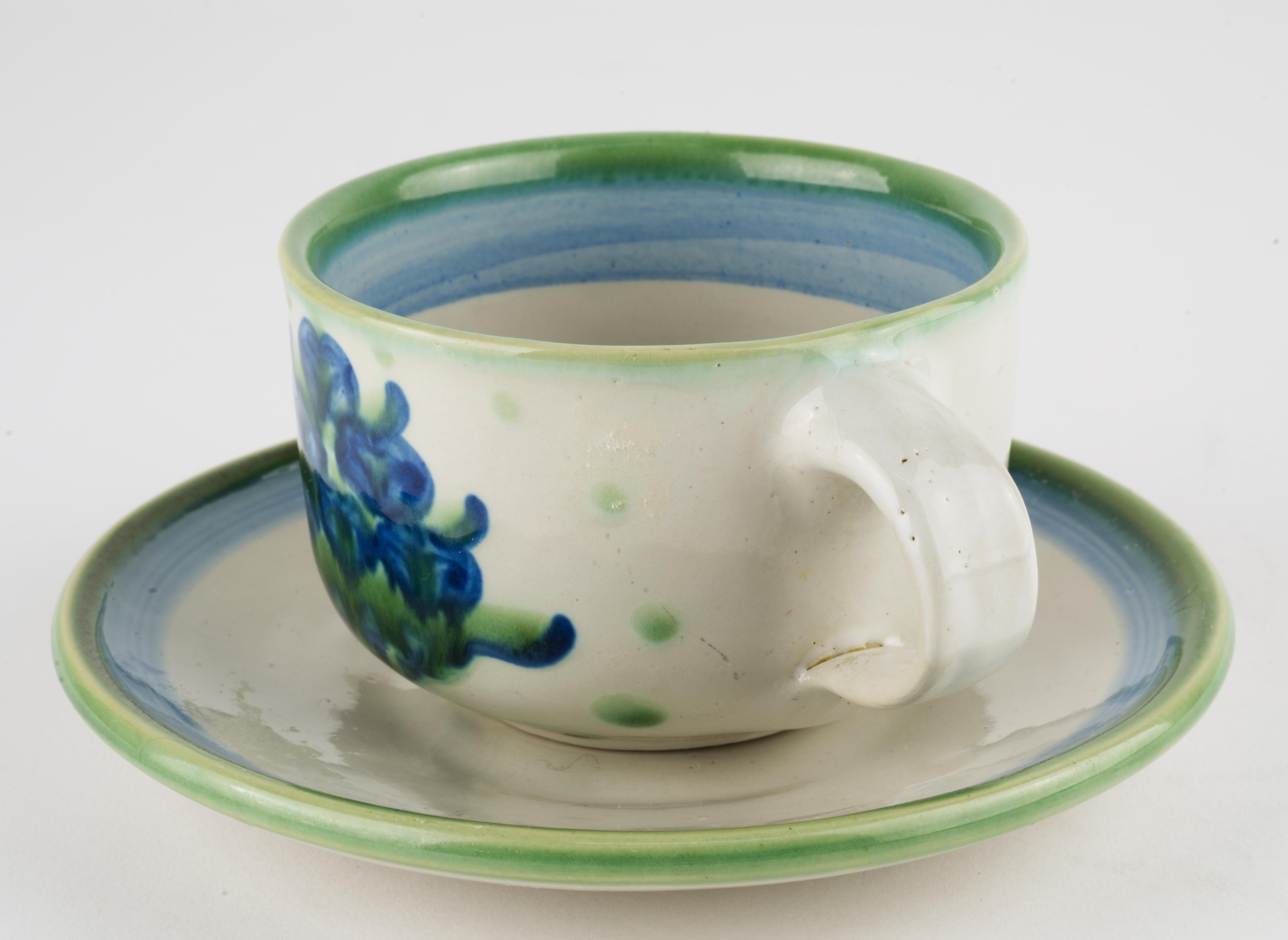 Mid-Century Modern M.A. Hadley Pottery Cup and Saucer, Bouquet Blue and White For Sale