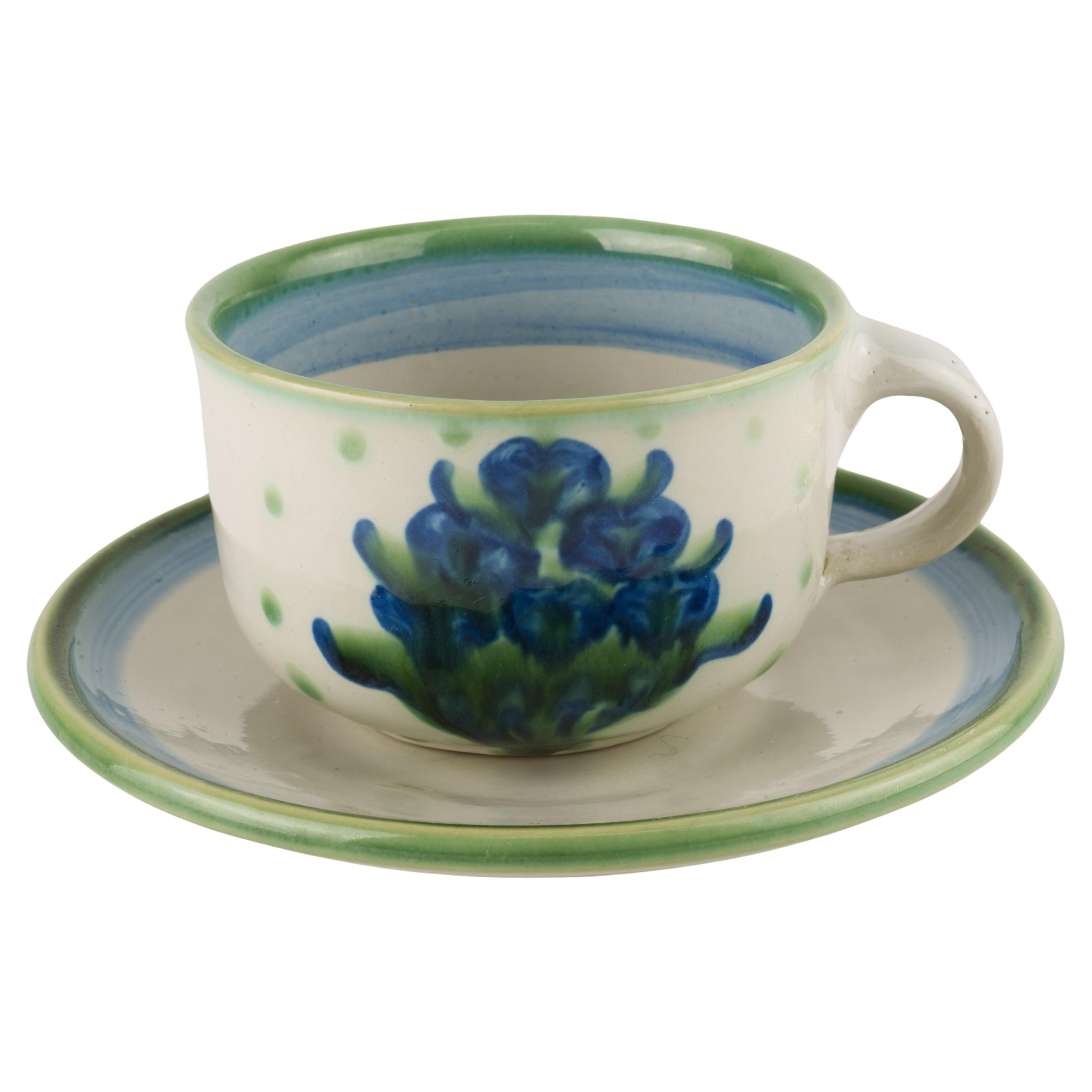 M.A. Hadley Pottery Cup and Saucer, Bouquet Blue and White For Sale