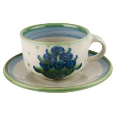 Vintage M.A. Hadley Pottery Cup and Saucer, Bouquet Blue and White