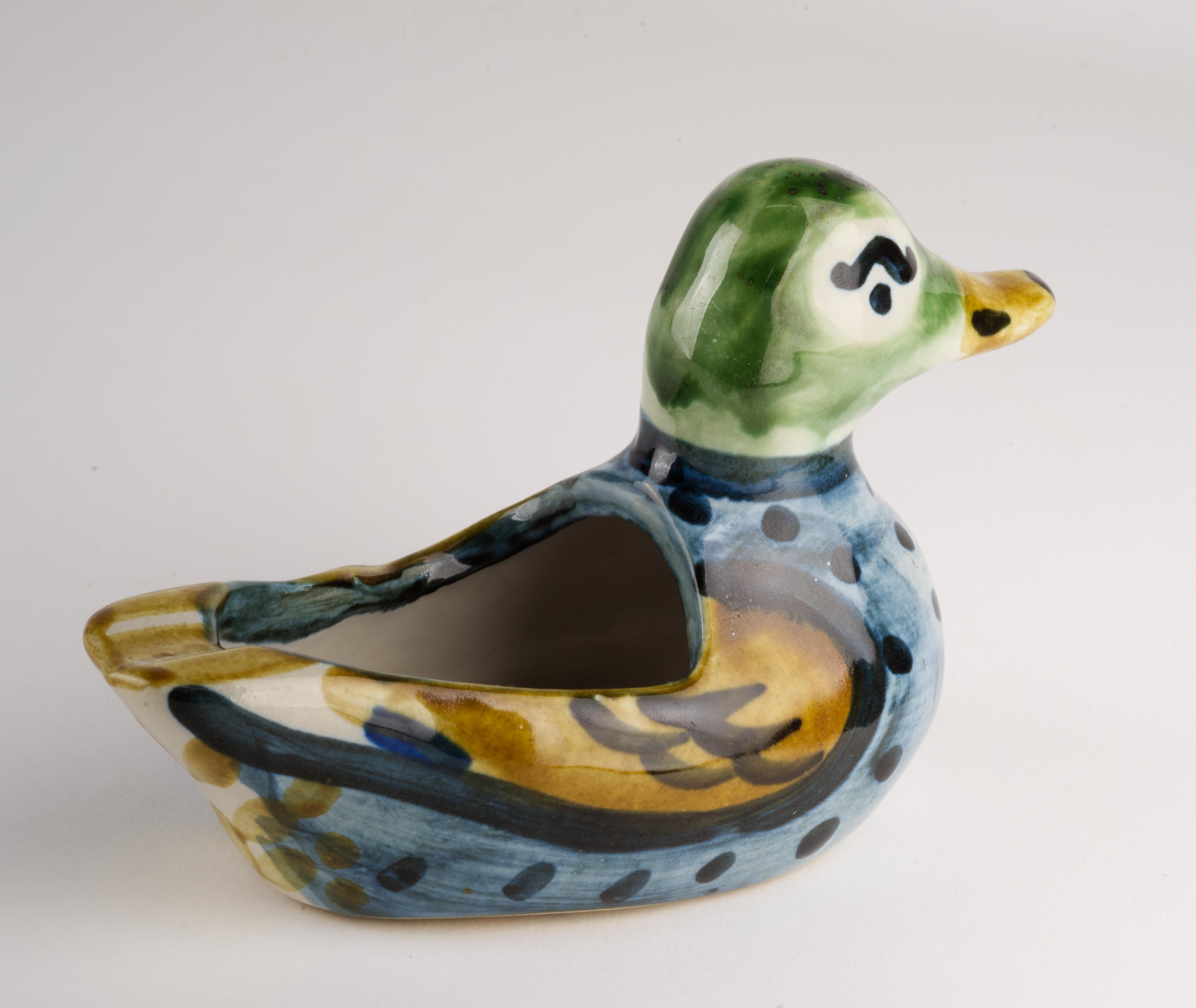 Mid-Century Modern M.A. Hadley Pottery Hand Painted Duck Figurine Ashtray or Catchall