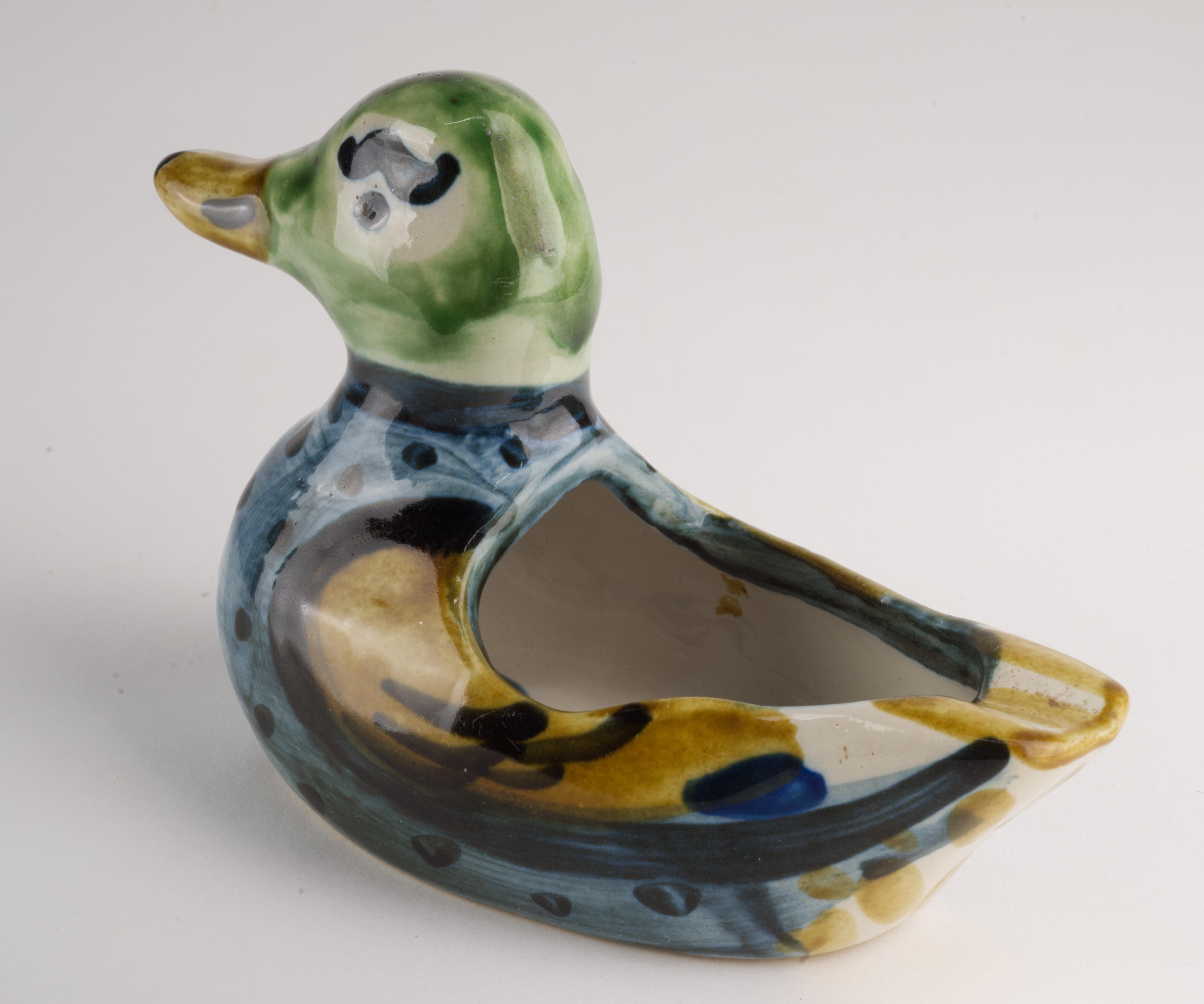 Glazed M.A. Hadley Pottery Hand Painted Duck Figurine Ashtray or Catchall