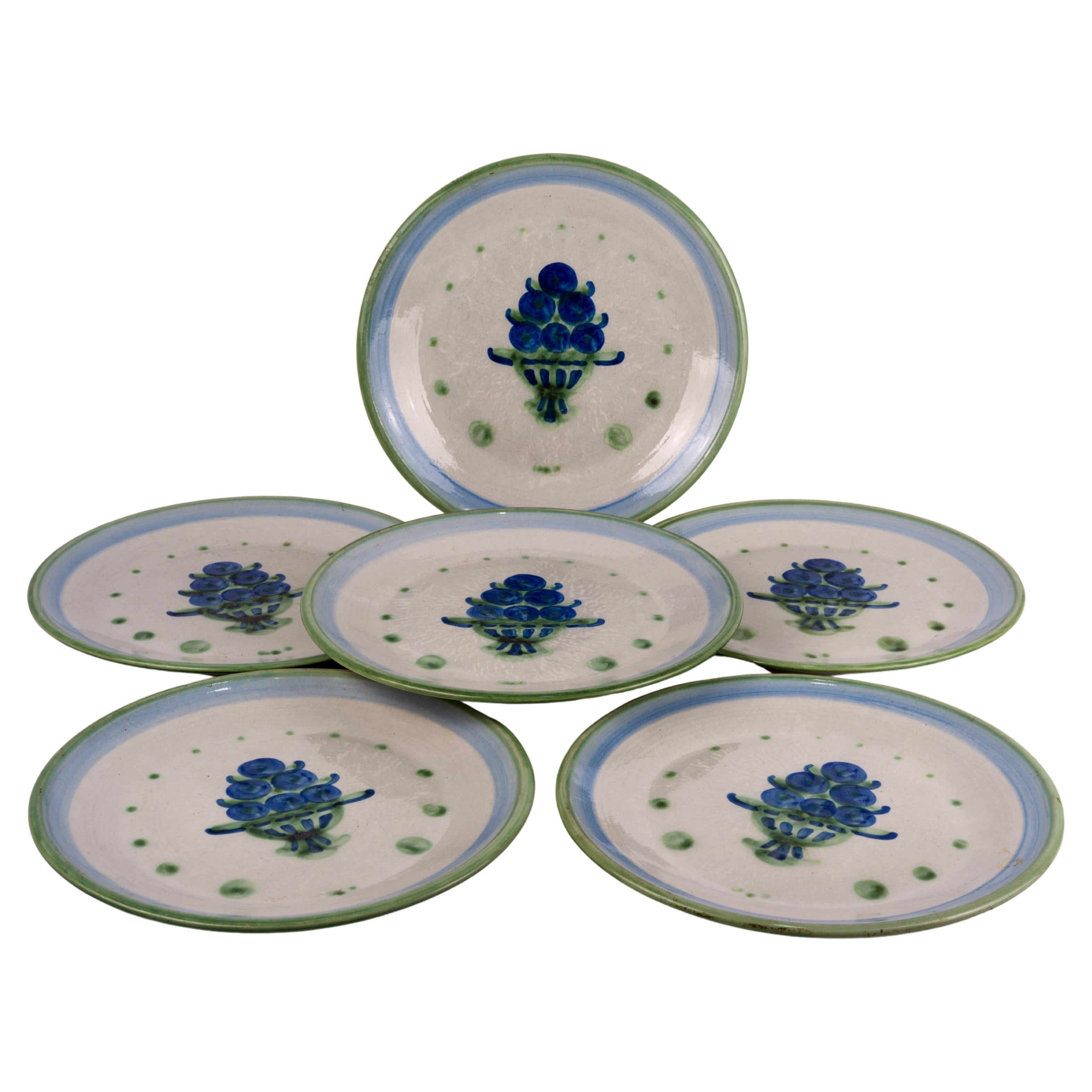 M.A. Hadley Pottery Set of 6 Dinner Plates, Bouquet Blue and White For Sale