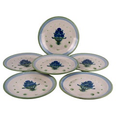Retro M.A. Hadley Pottery Set of 6 Dinner Plates, Bouquet Blue and White