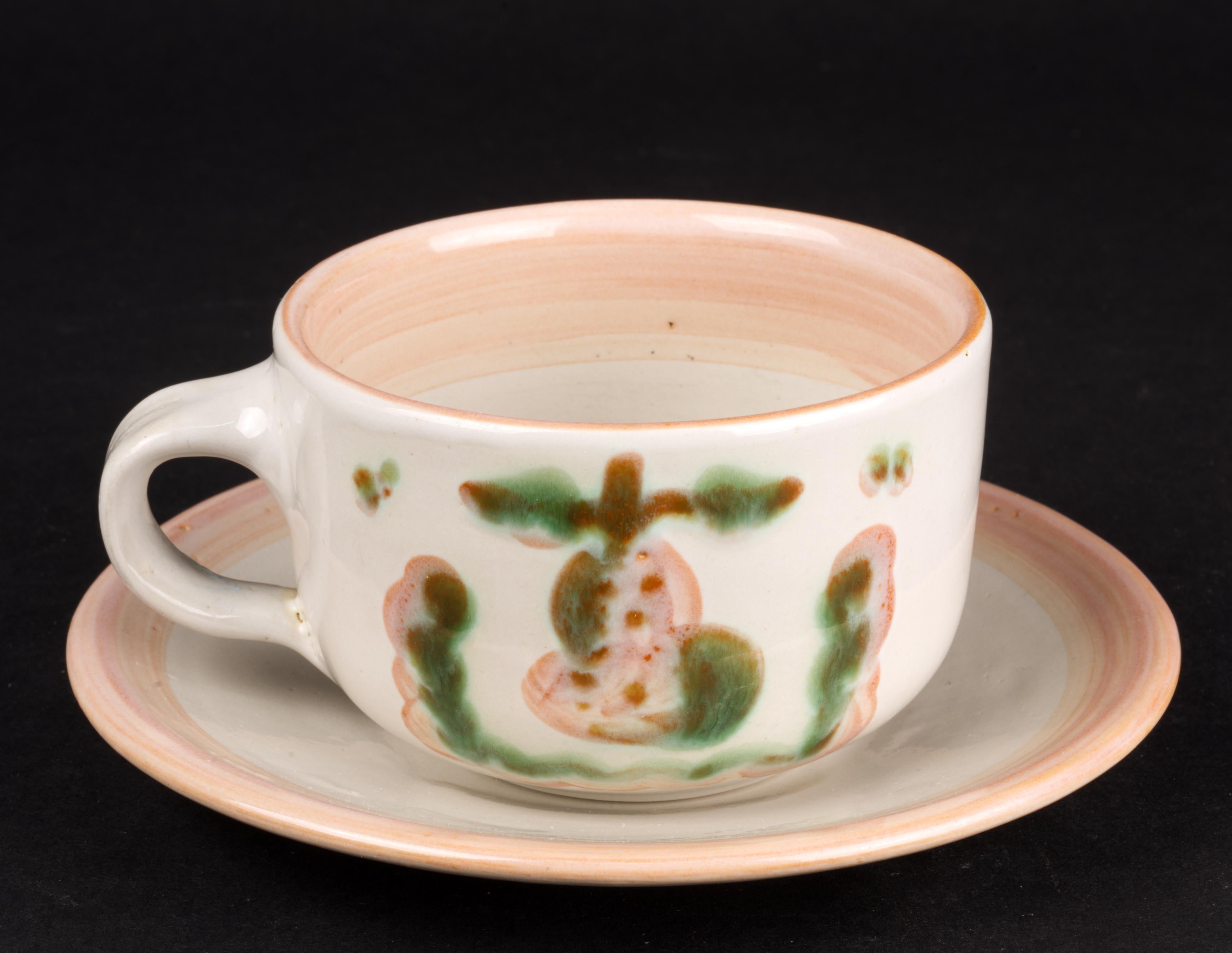 American M.A. Hadley Pottery Signed Hand Painted Tea Cup Saucer Set Mid Century Country For Sale